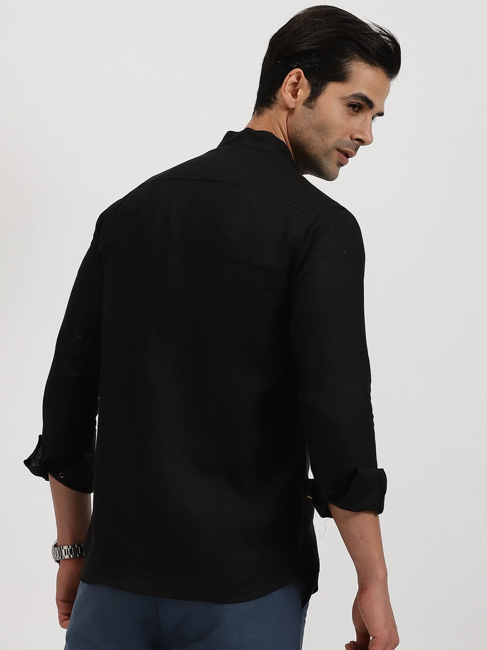 Craig - Pure Linen V Neck Full Sleeve Shirt - Black