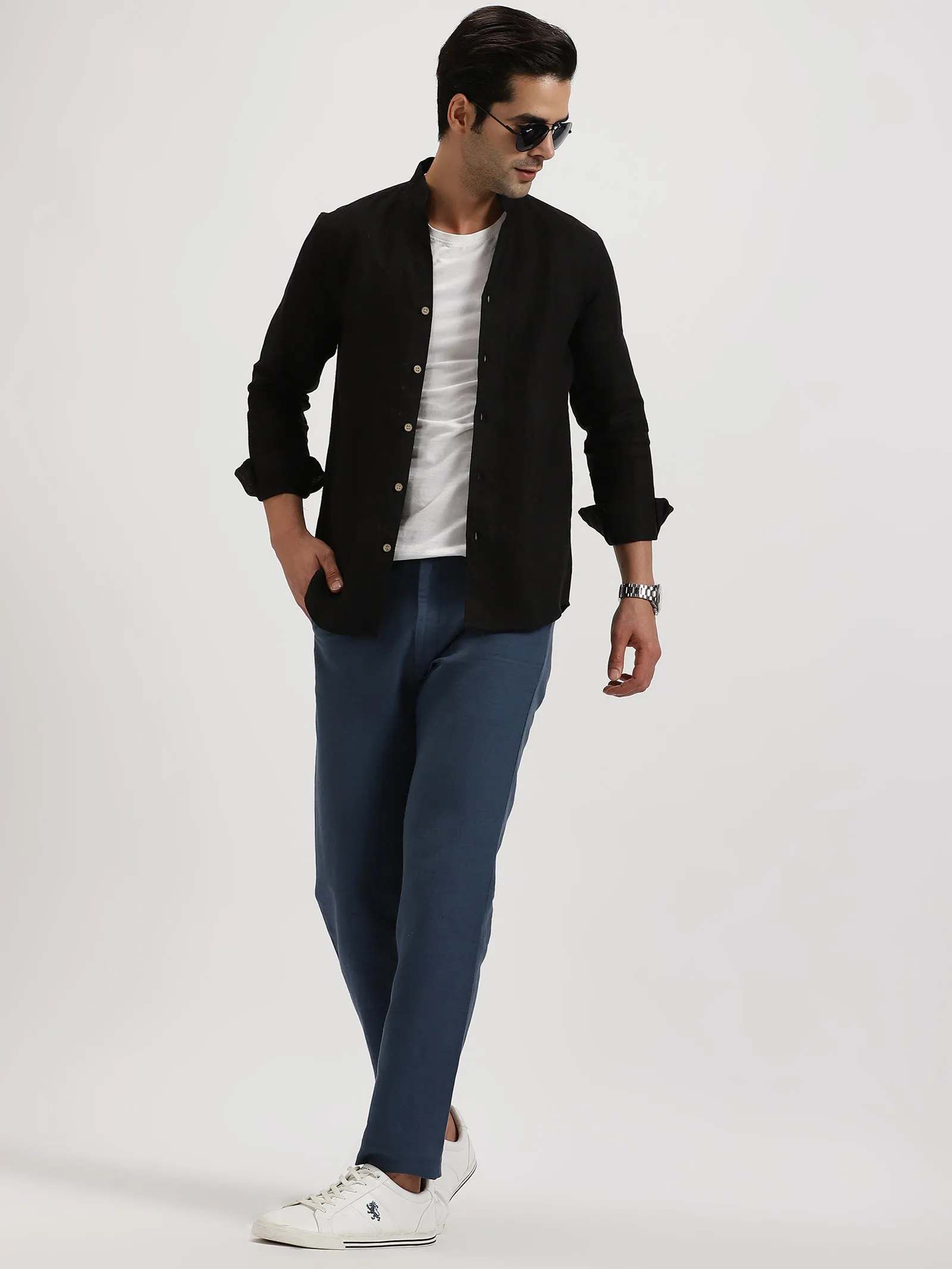 Craig - Pure Linen V Neck Full Sleeve Shirt - Black