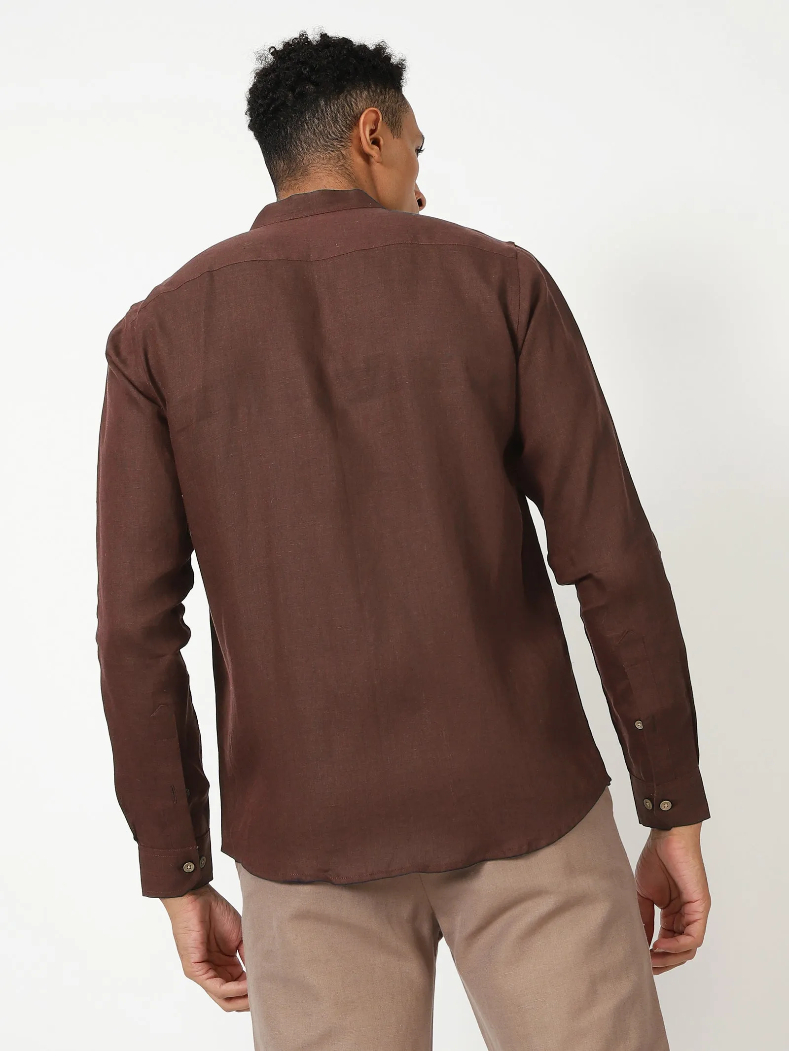 Craig - Pure Linen V Neck Full Sleeve Shirt - Coffee Brown