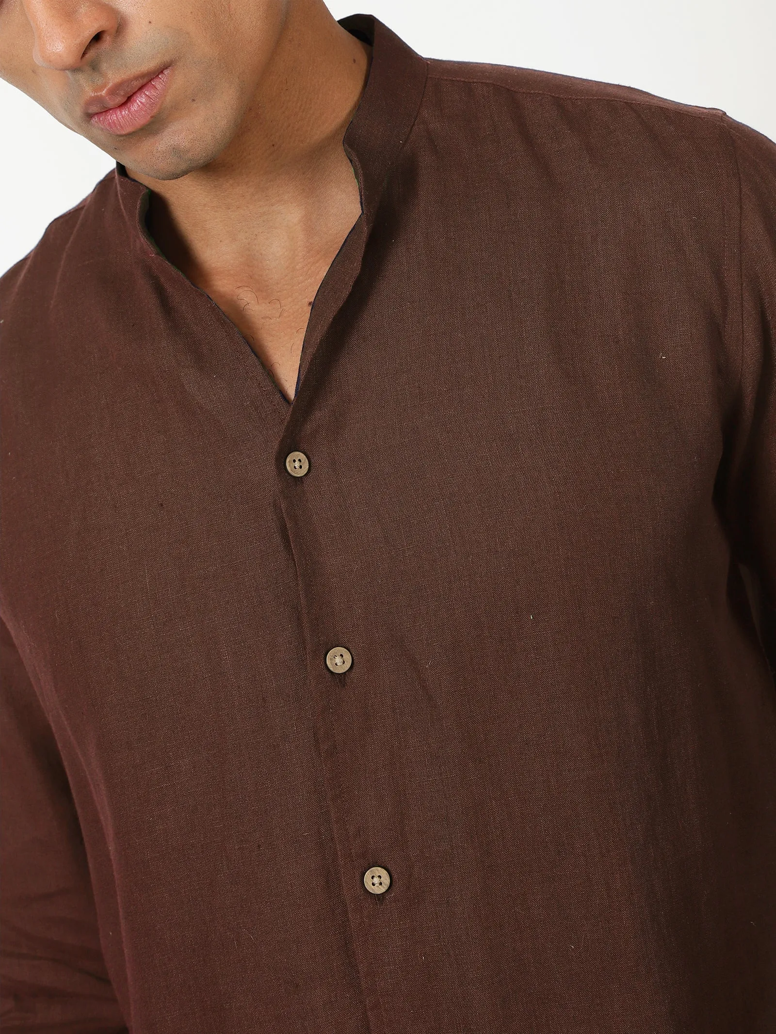 Craig - Pure Linen V Neck Full Sleeve Shirt - Coffee Brown