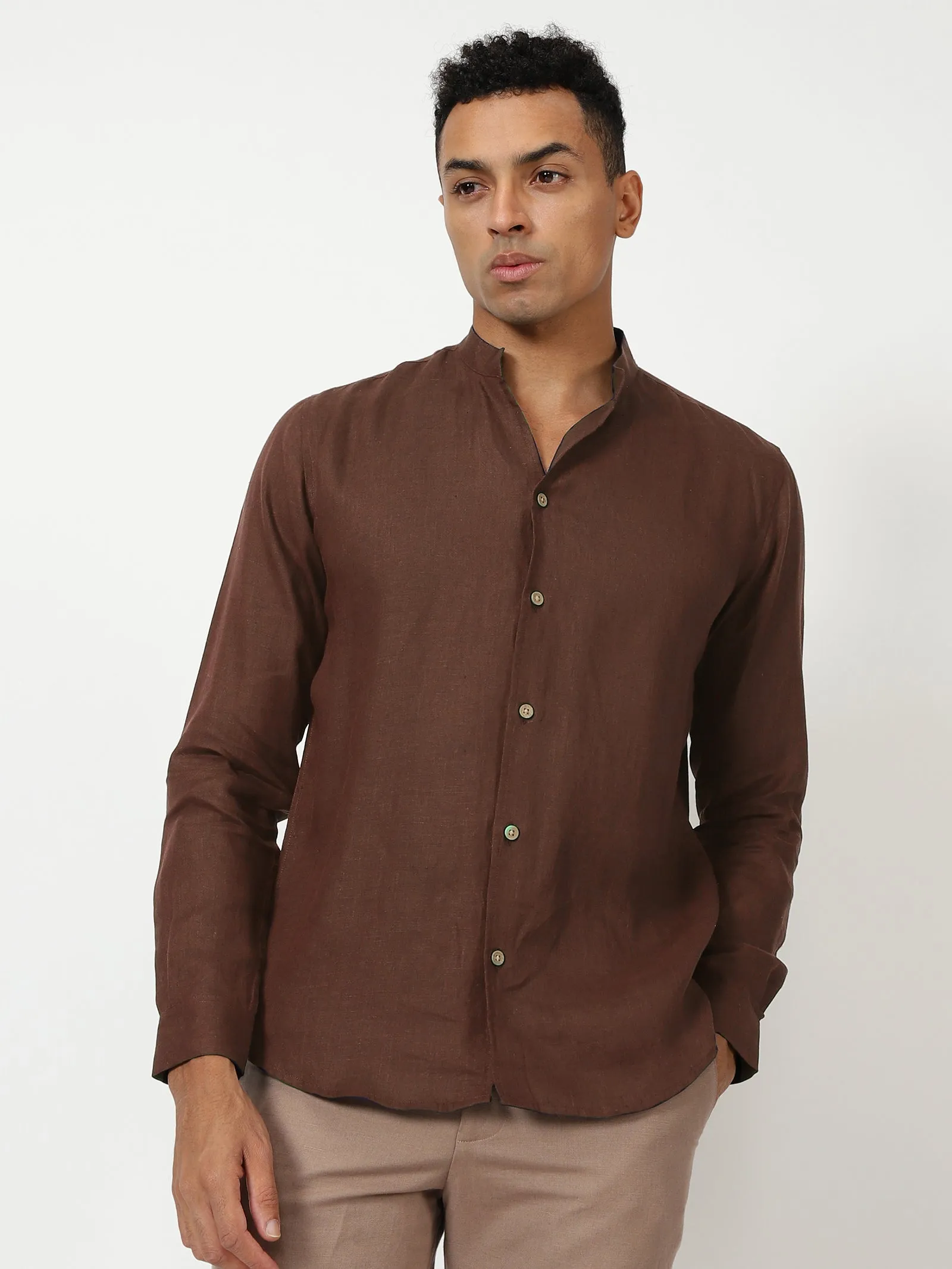 Craig - Pure Linen V Neck Full Sleeve Shirt - Coffee Brown