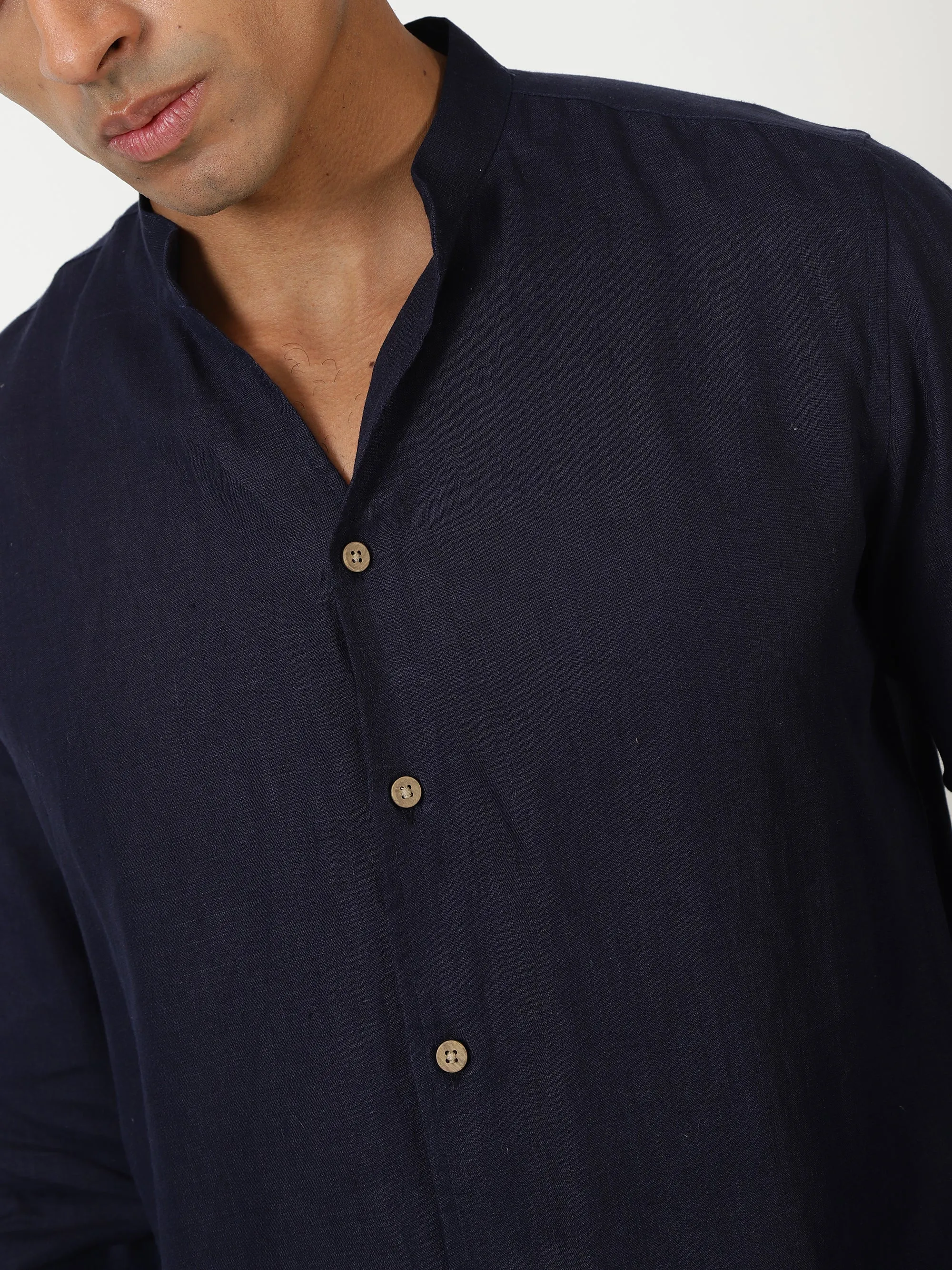 Craig - Pure Linen V Neck Full Sleeve Shirt - Dark Blue