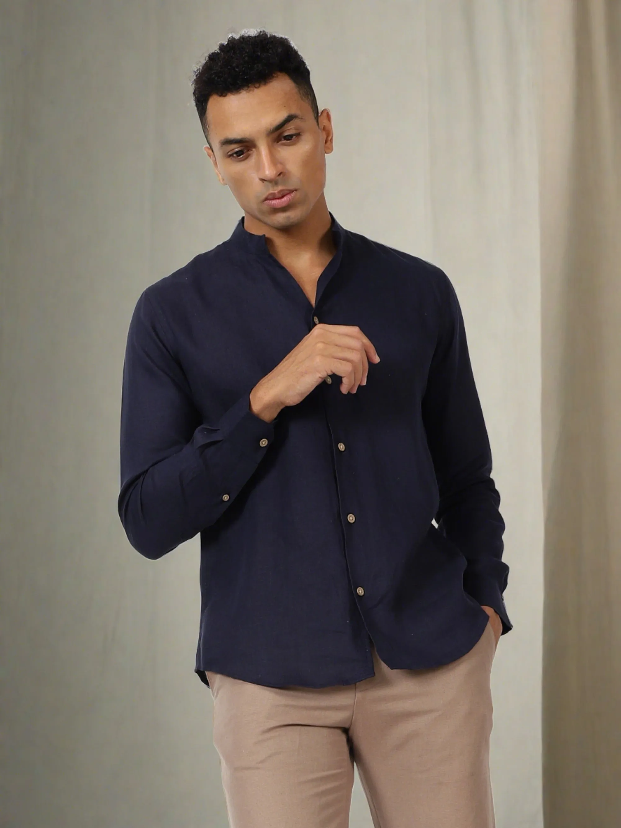 Craig - Pure Linen V Neck Full Sleeve Shirt - Dark Blue