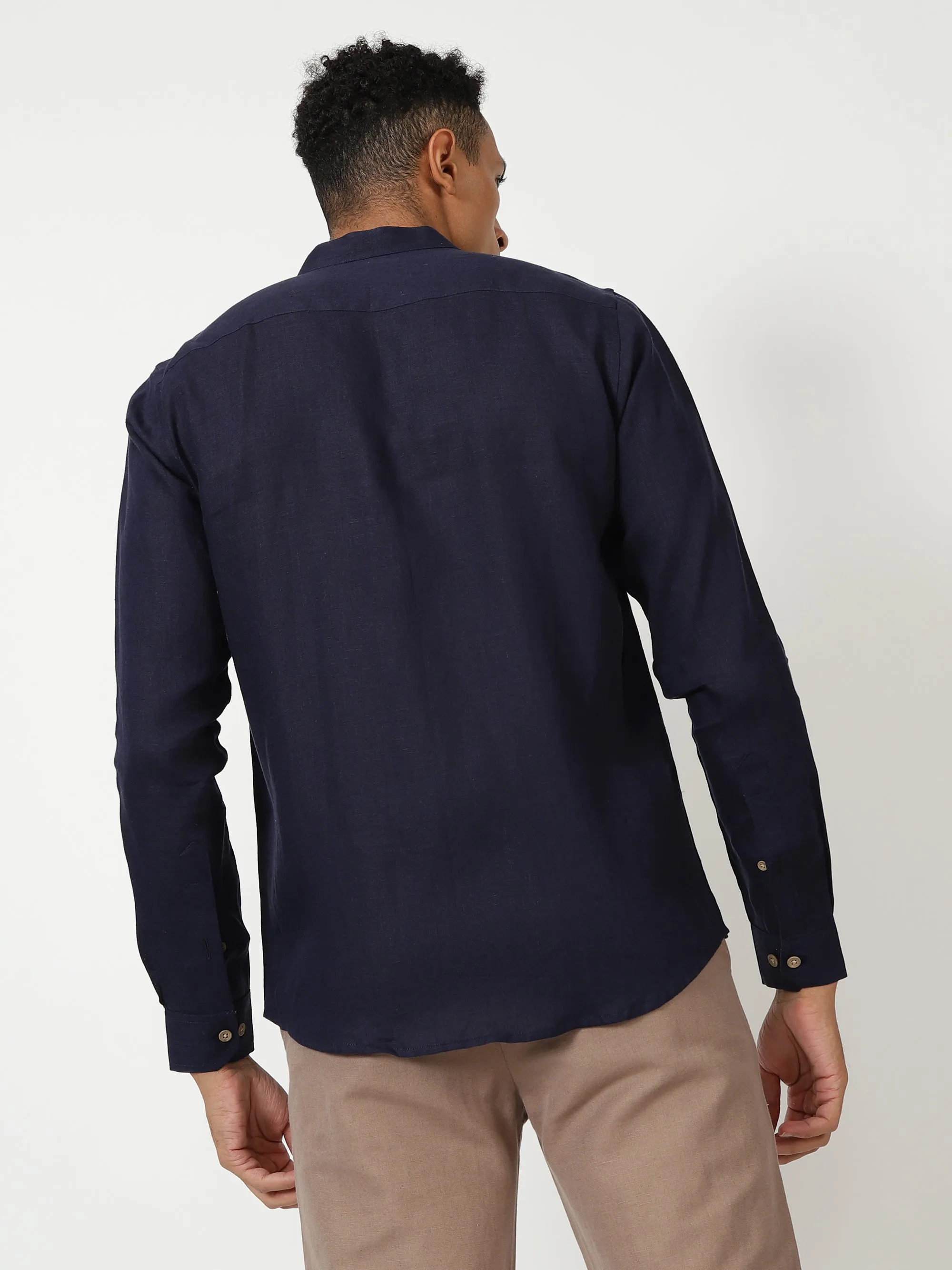 Craig - Pure Linen V Neck Full Sleeve Shirt - Dark Blue