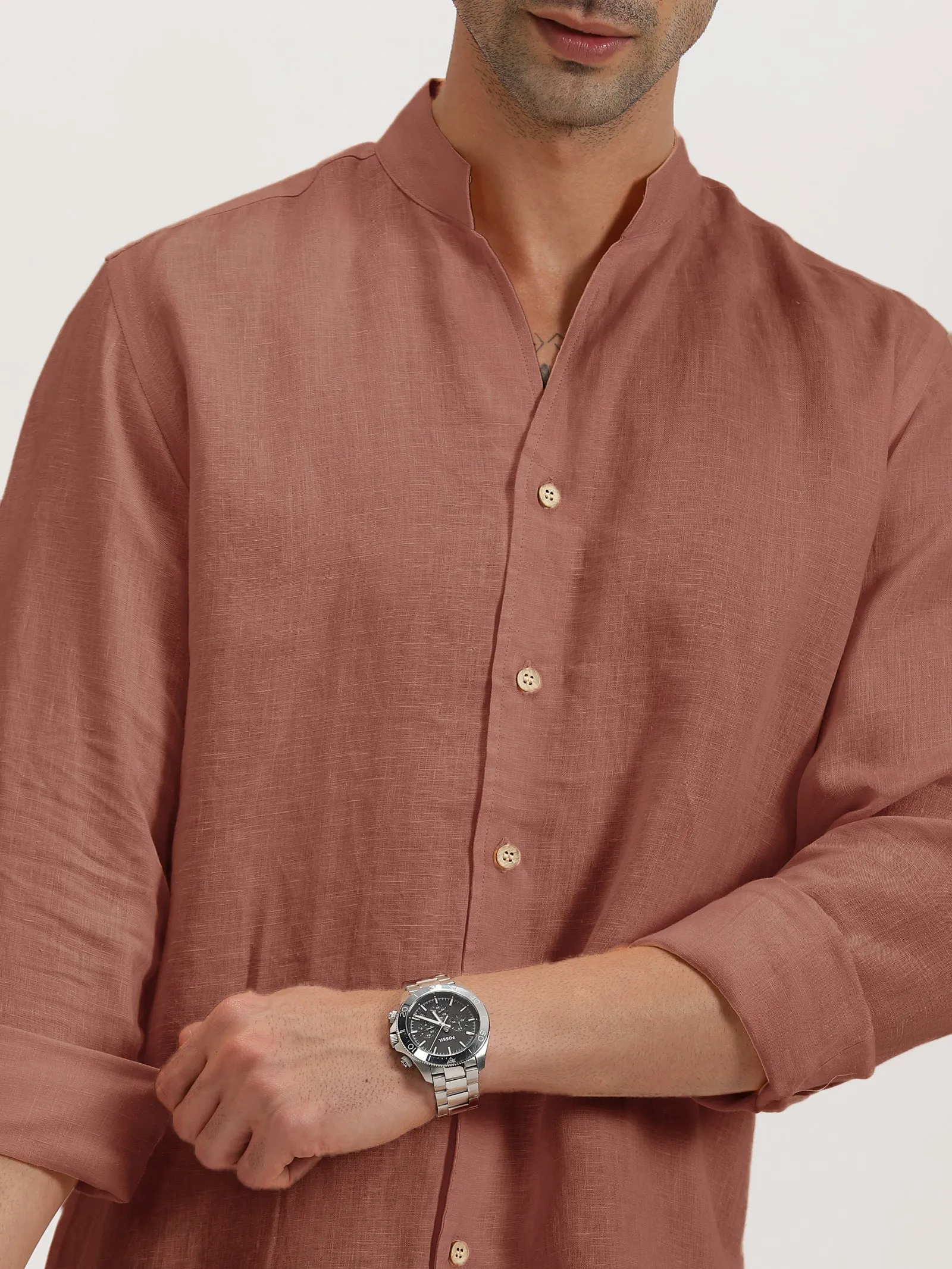 Craig - Pure Linen V Neck Full Sleeve Shirt - Fondue Pink