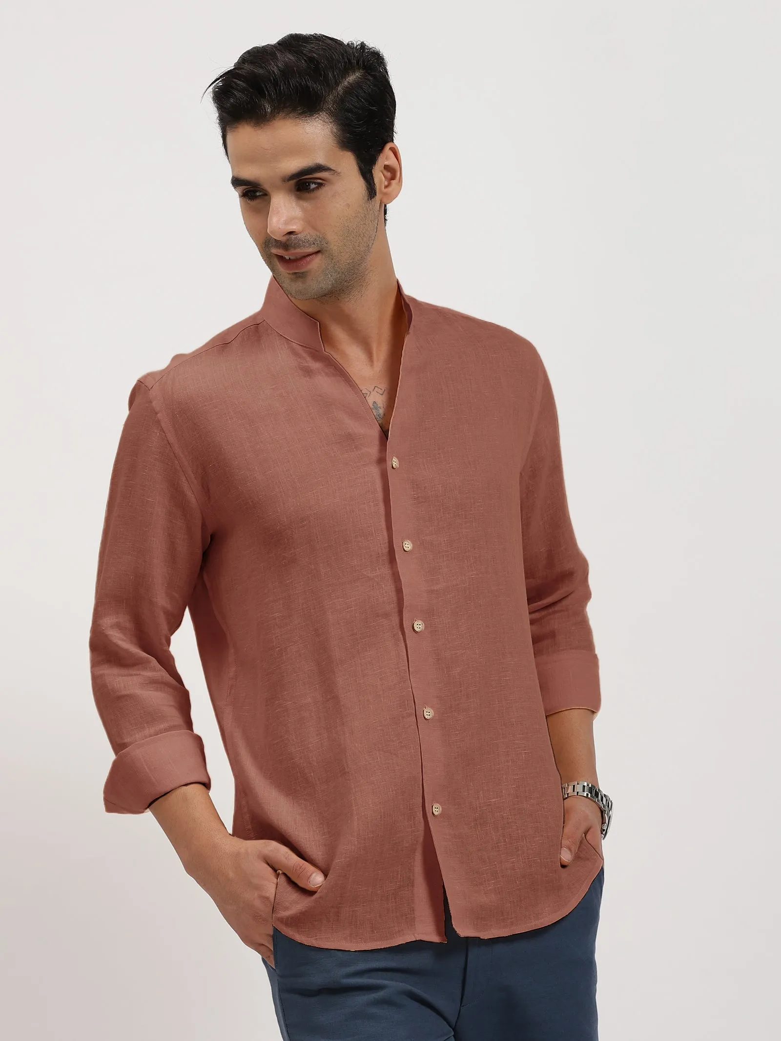 Craig - Pure Linen V Neck Full Sleeve Shirt - Fondue Pink