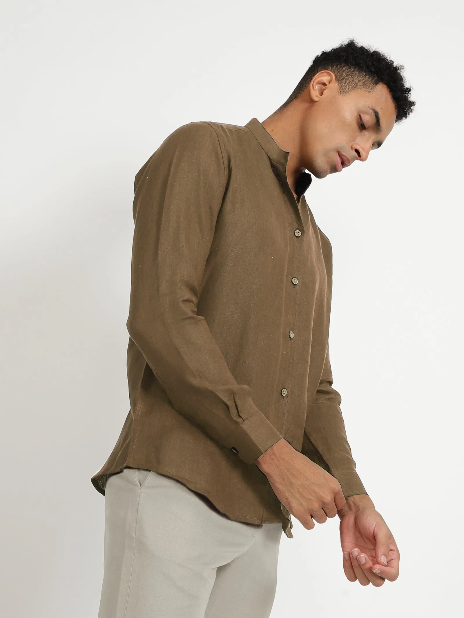 Craig - Pure Linen V Neck Full Sleeve Shirt - Hazelnut Brown