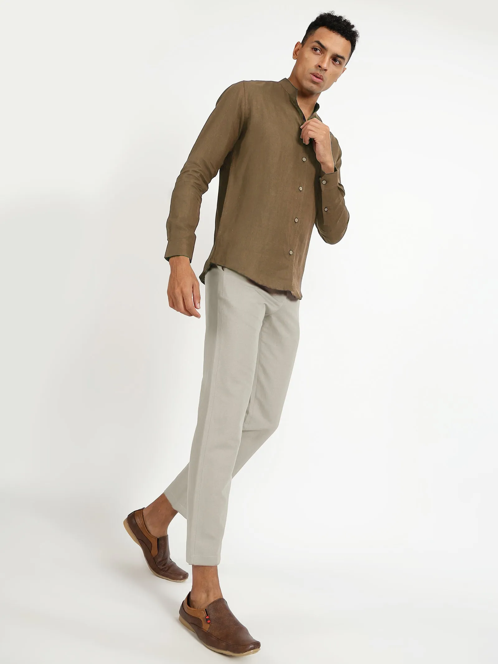 Craig - Pure Linen V Neck Full Sleeve Shirt - Hazelnut Brown