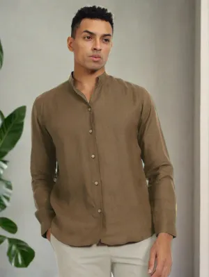 Craig - Pure Linen V Neck Full Sleeve Shirt - Hazelnut Brown