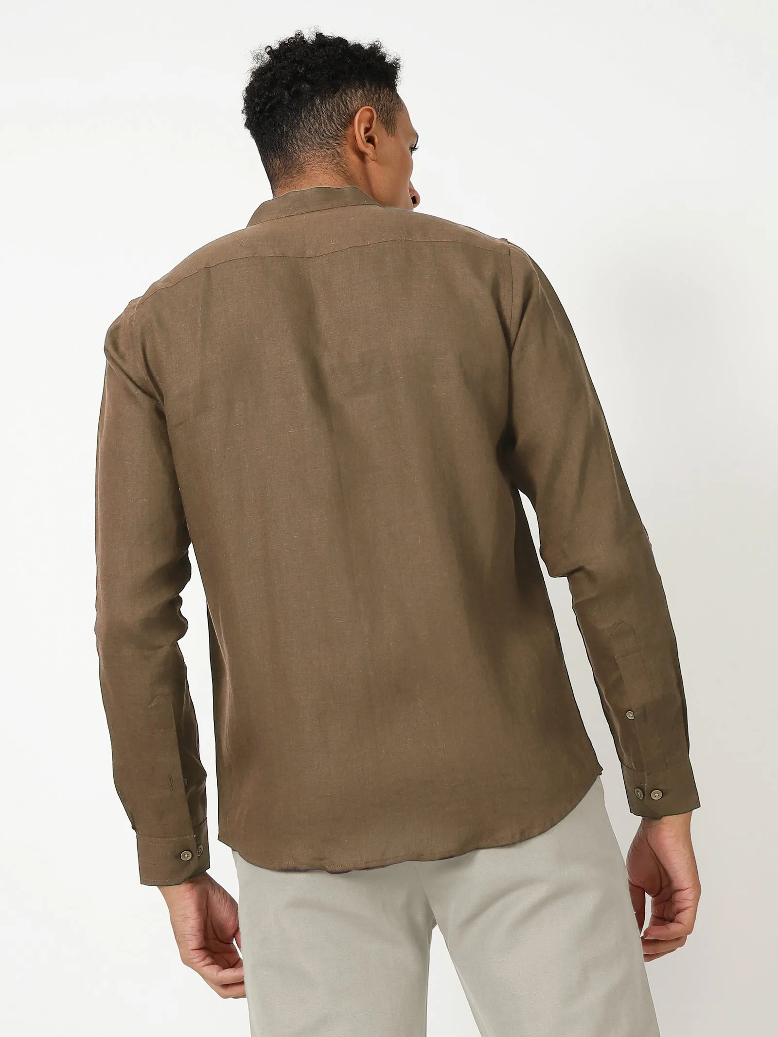 Craig - Pure Linen V Neck Full Sleeve Shirt - Hazelnut Brown