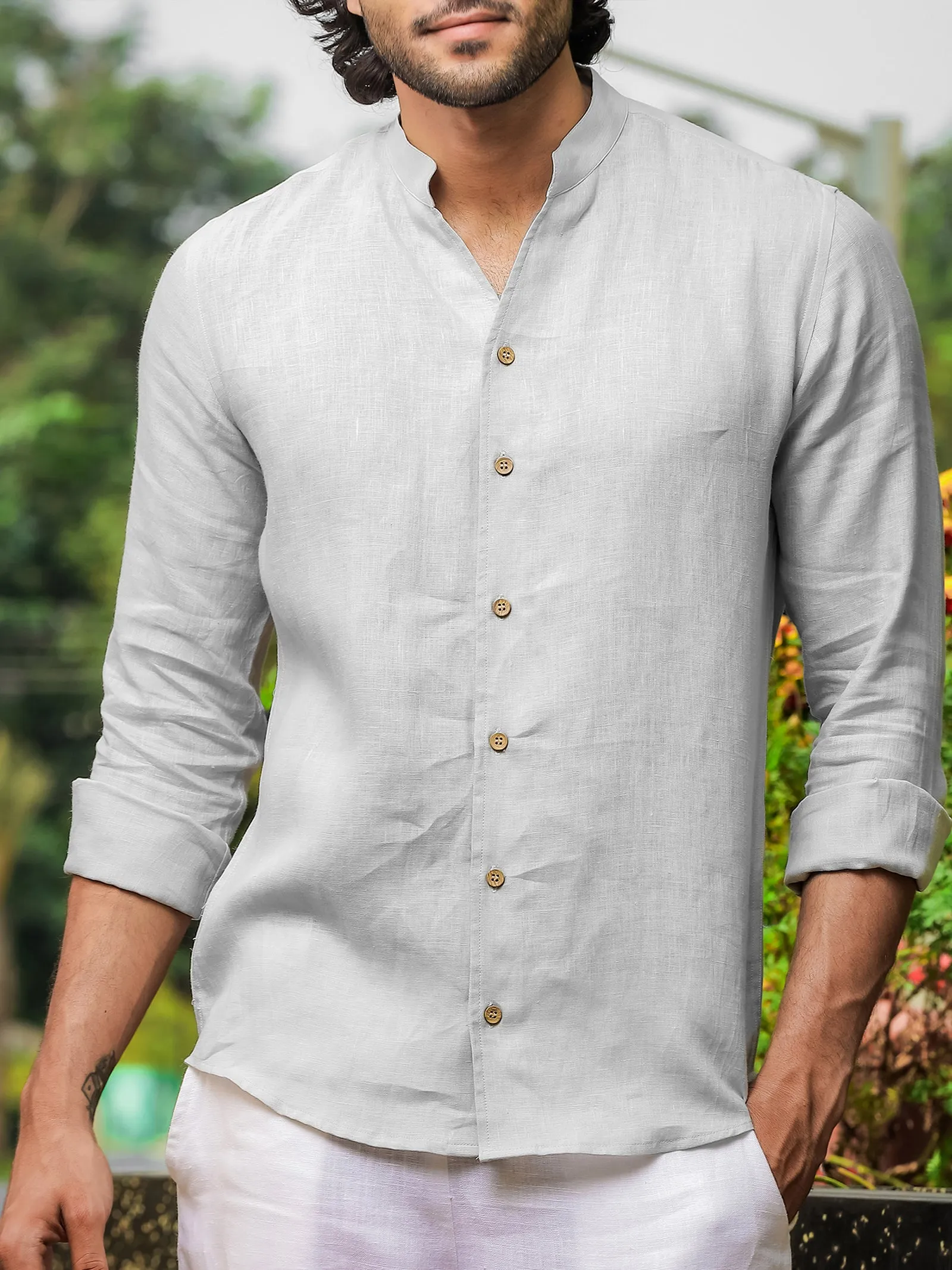 Craig - Pure Linen V Neck Full Sleeve Shirt - Light Grey