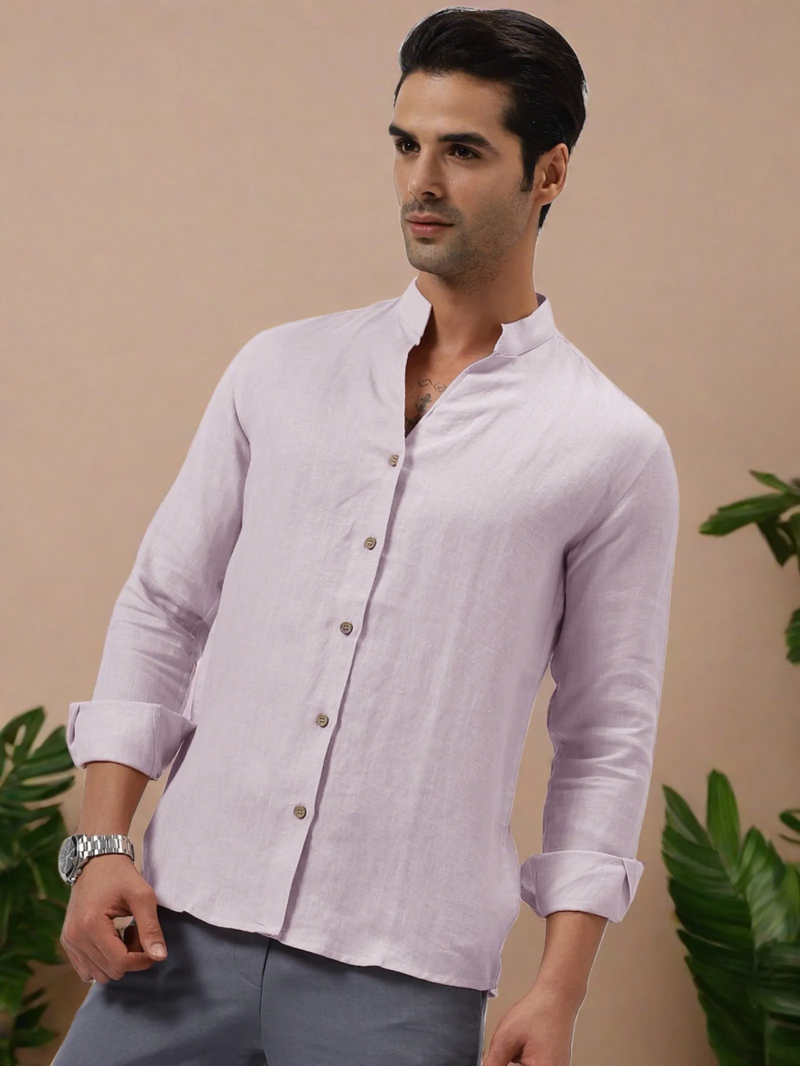 Craig - Pure Linen V Neck Full Sleeve Shirt - Light Lilac Pink