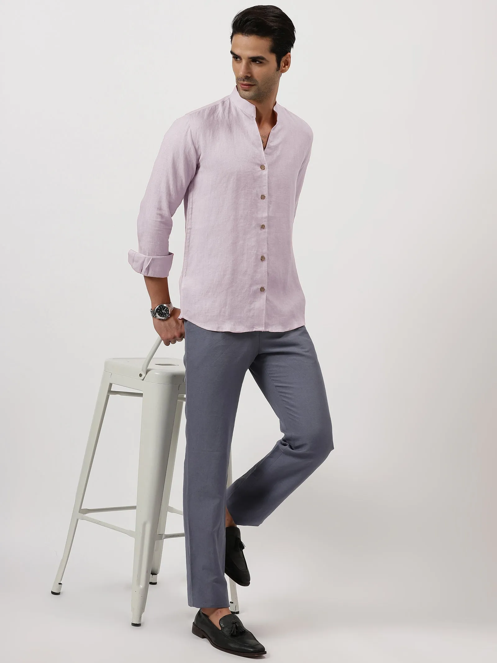 Craig - Pure Linen V Neck Full Sleeve Shirt - Light Lilac Pink