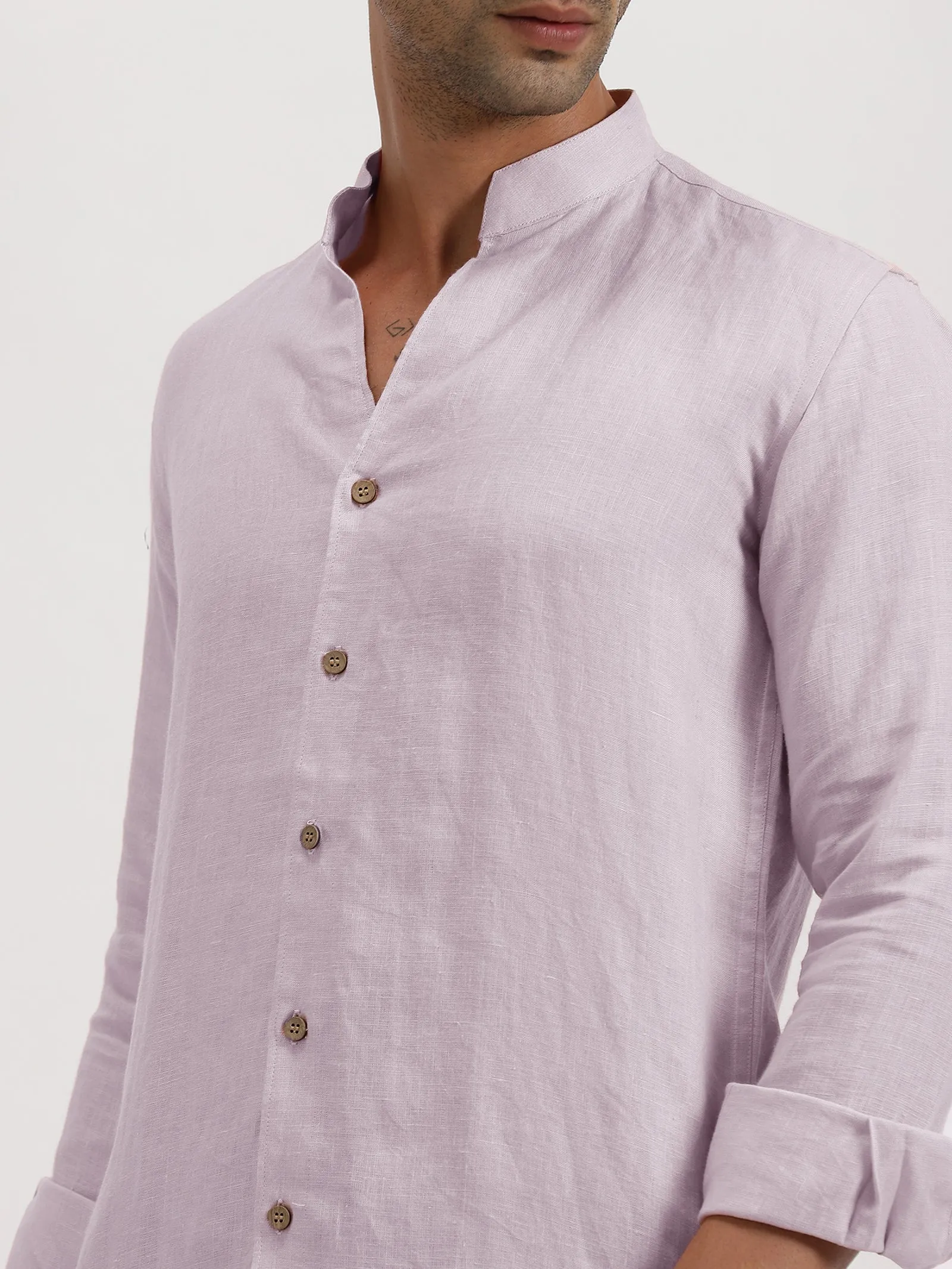 Craig - Pure Linen V Neck Full Sleeve Shirt - Light Lilac Pink