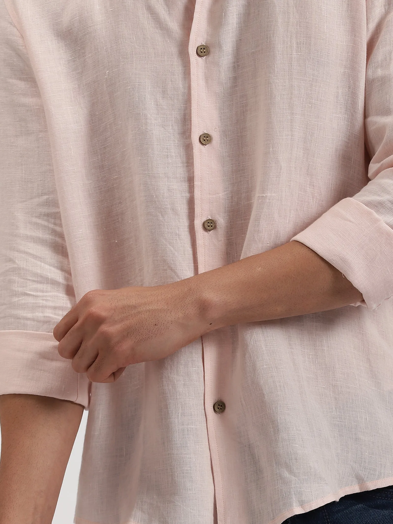 Craig - Pure Linen V Neck Full Sleeve Shirt - Light Pink