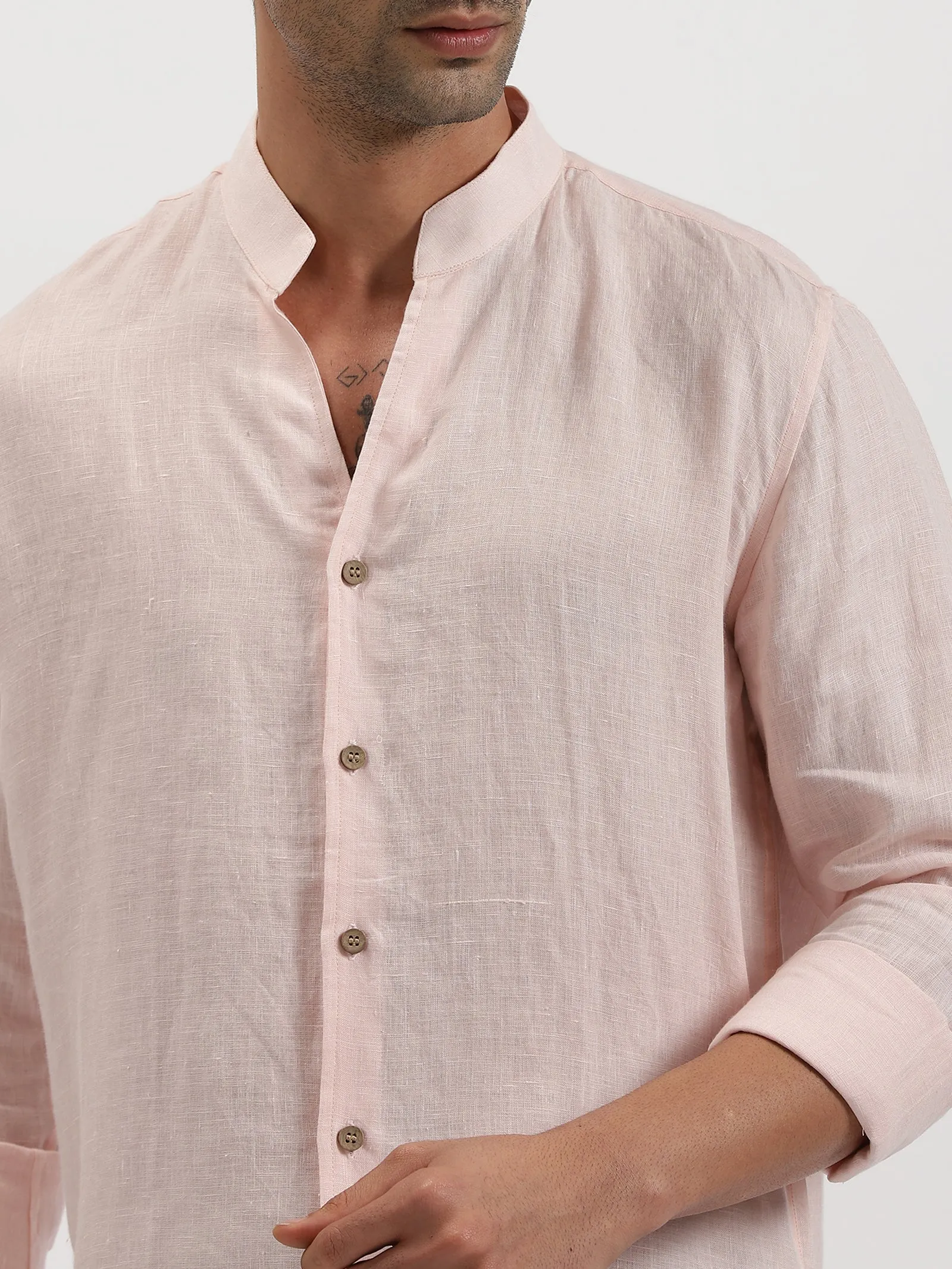 Craig - Pure Linen V Neck Full Sleeve Shirt - Light Pink