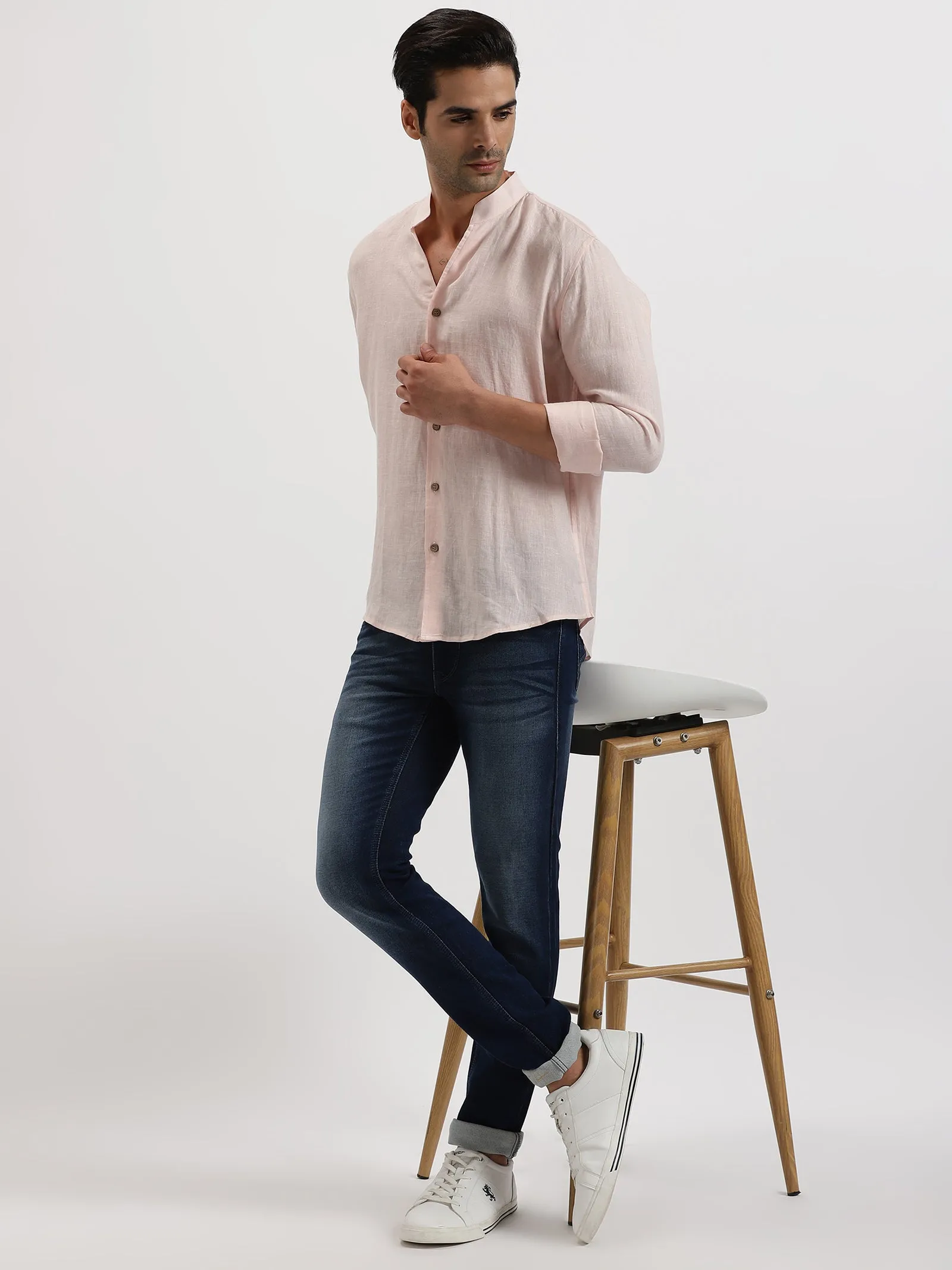 Craig - Pure Linen V Neck Full Sleeve Shirt - Light Pink