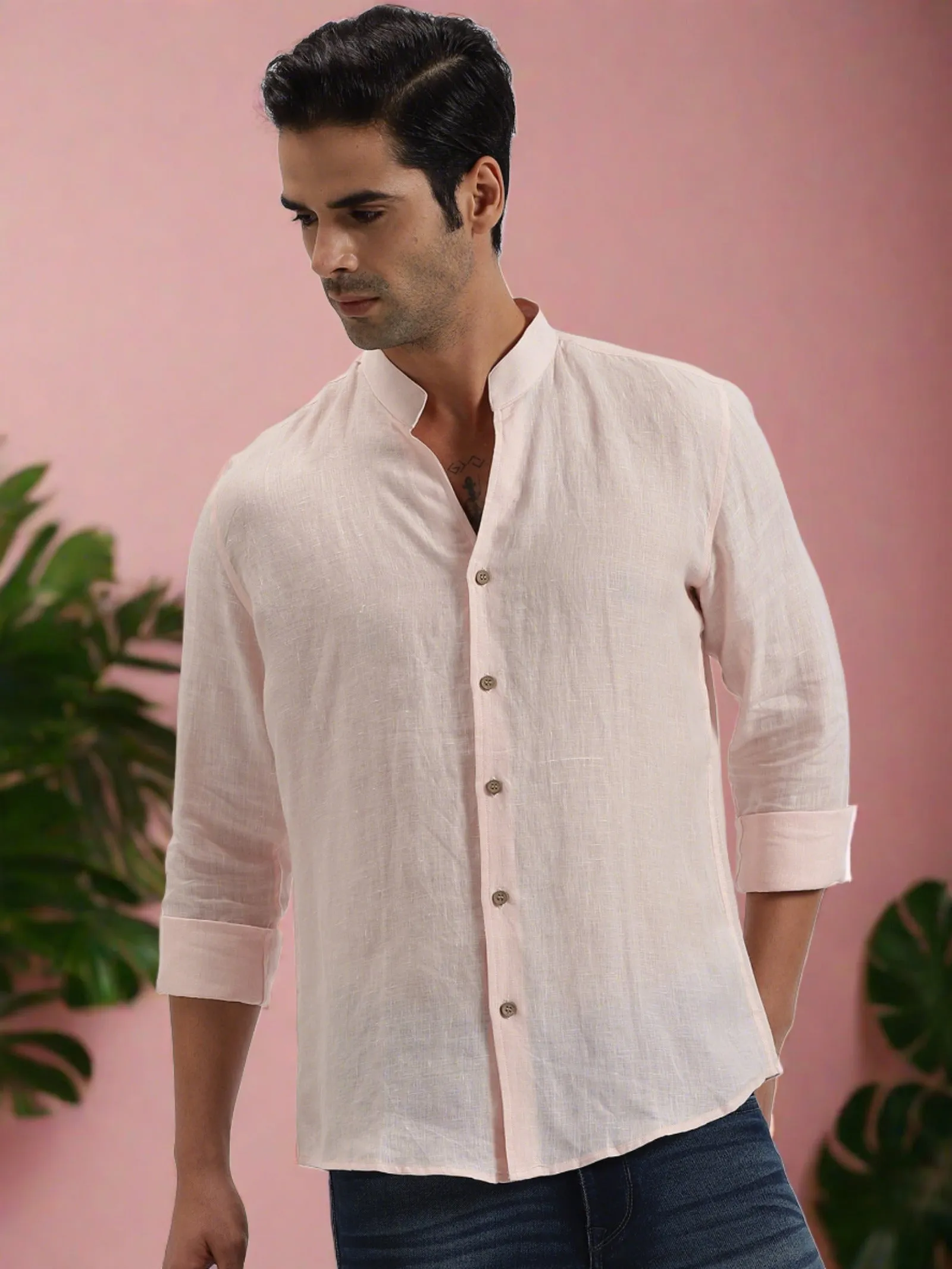 Craig - Pure Linen V Neck Full Sleeve Shirt - Light Pink