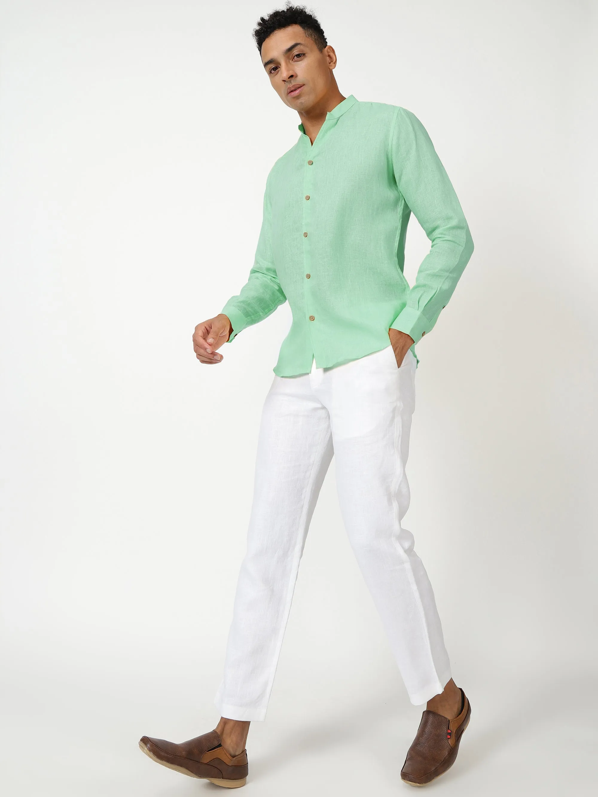 Craig - Pure Linen V Neck Full Sleeve Shirt - Mint Green