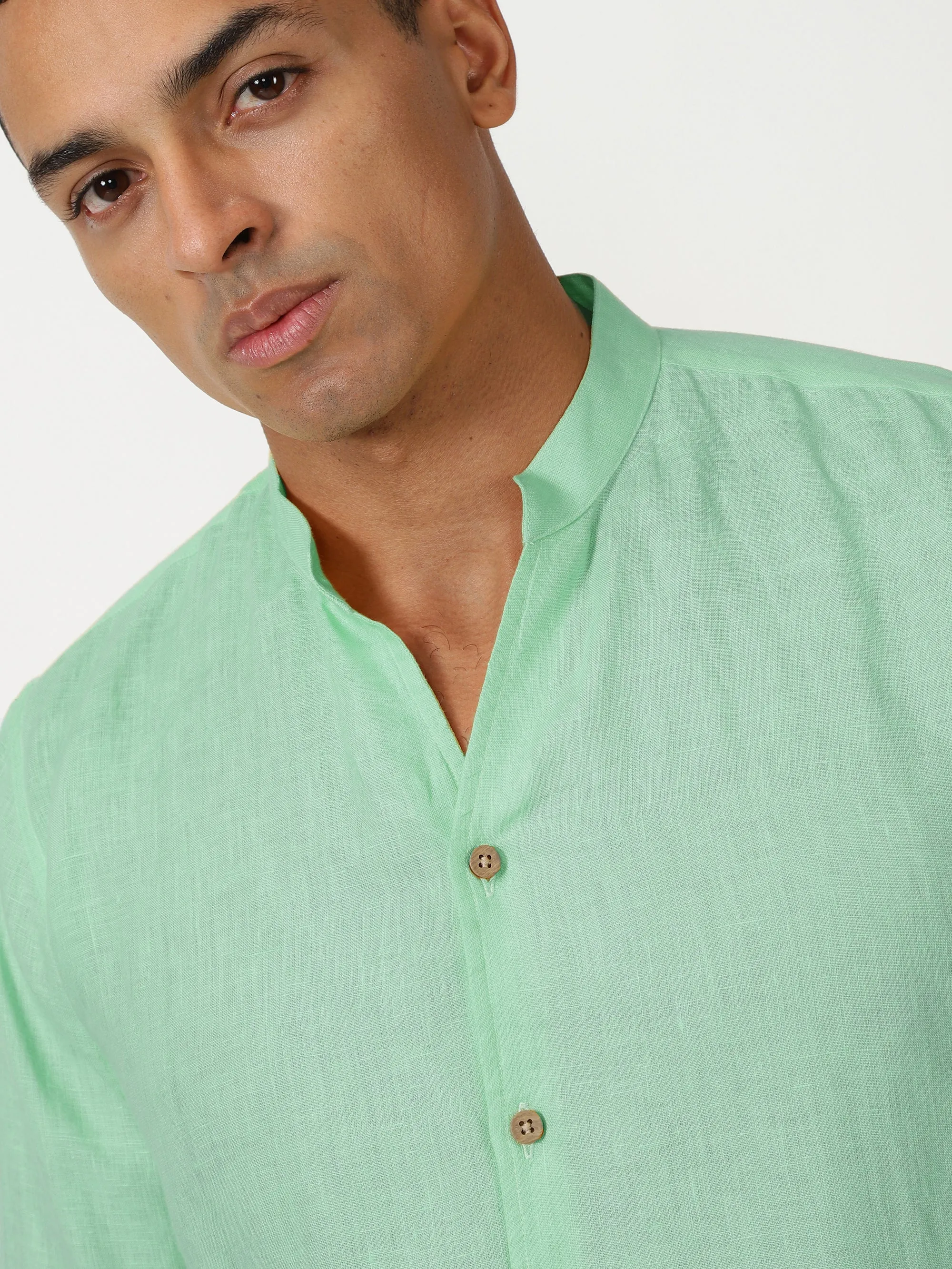 Craig - Pure Linen V Neck Full Sleeve Shirt - Mint Green