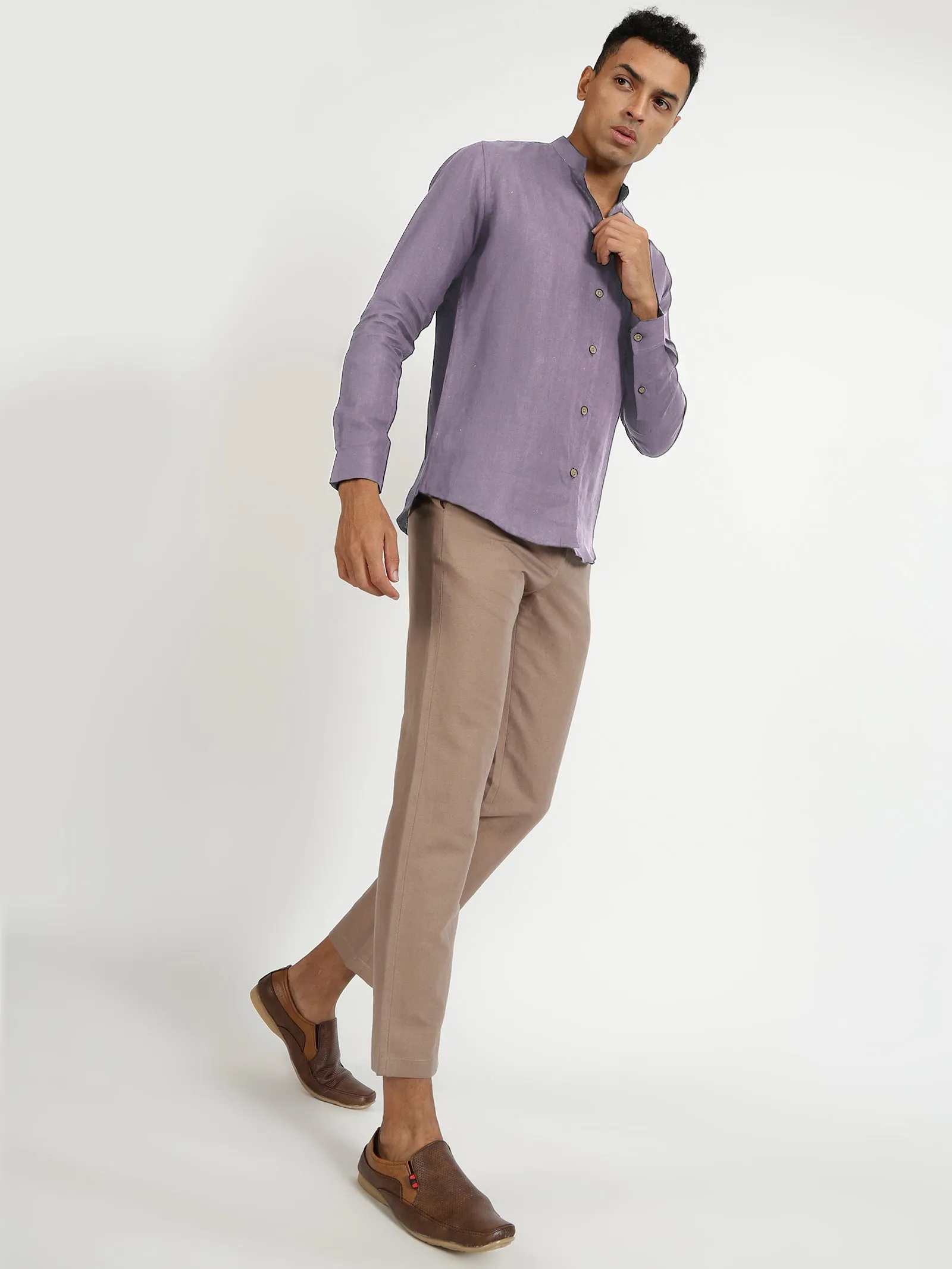 Craig - Pure Linen V Neck Full Sleeve Shirt - Misty Lilac