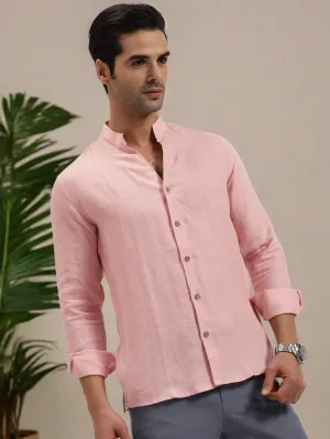 Craig - Pure Linen V Neck Full Sleeve Shirt - Salmon Pink