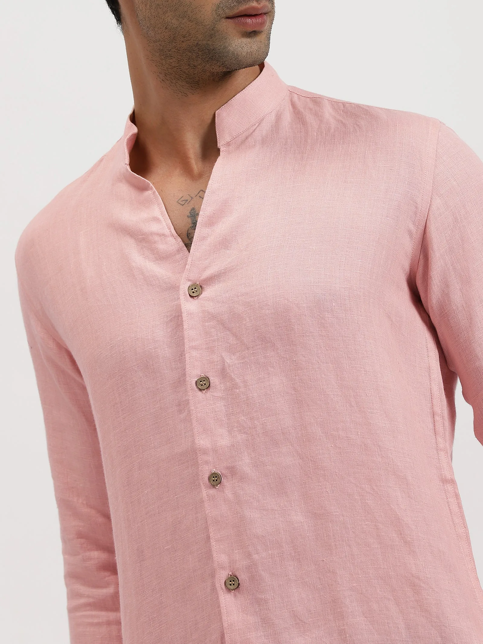 Craig - Pure Linen V Neck Full Sleeve Shirt - Salmon Pink