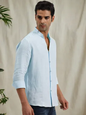 Craig - Pure Linen V Neck Full Sleeve Shirt - Sky Blue