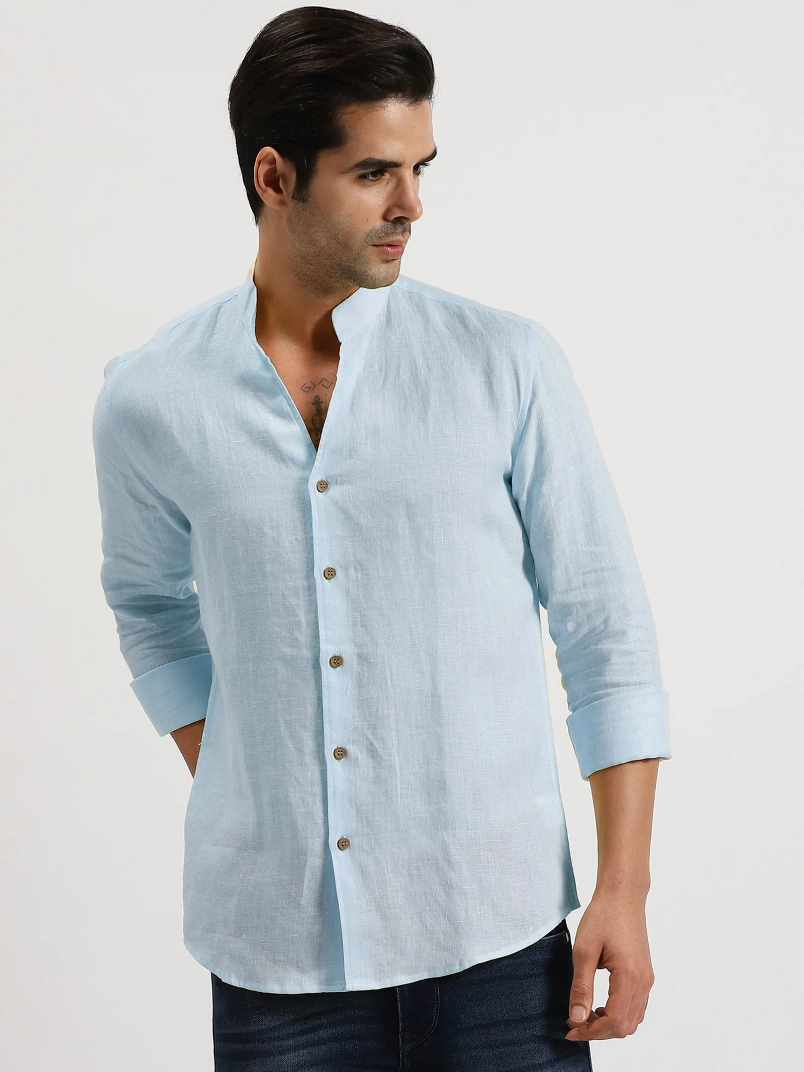 Craig - Pure Linen V Neck Full Sleeve Shirt - Sky Blue