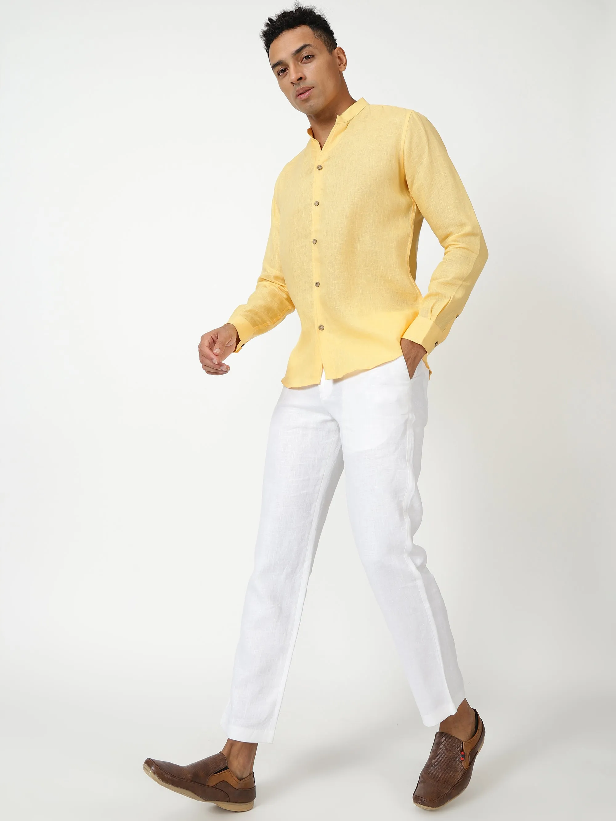 Craig - Pure Linen V Neck Full Sleeve Shirt - Spectra Yellow