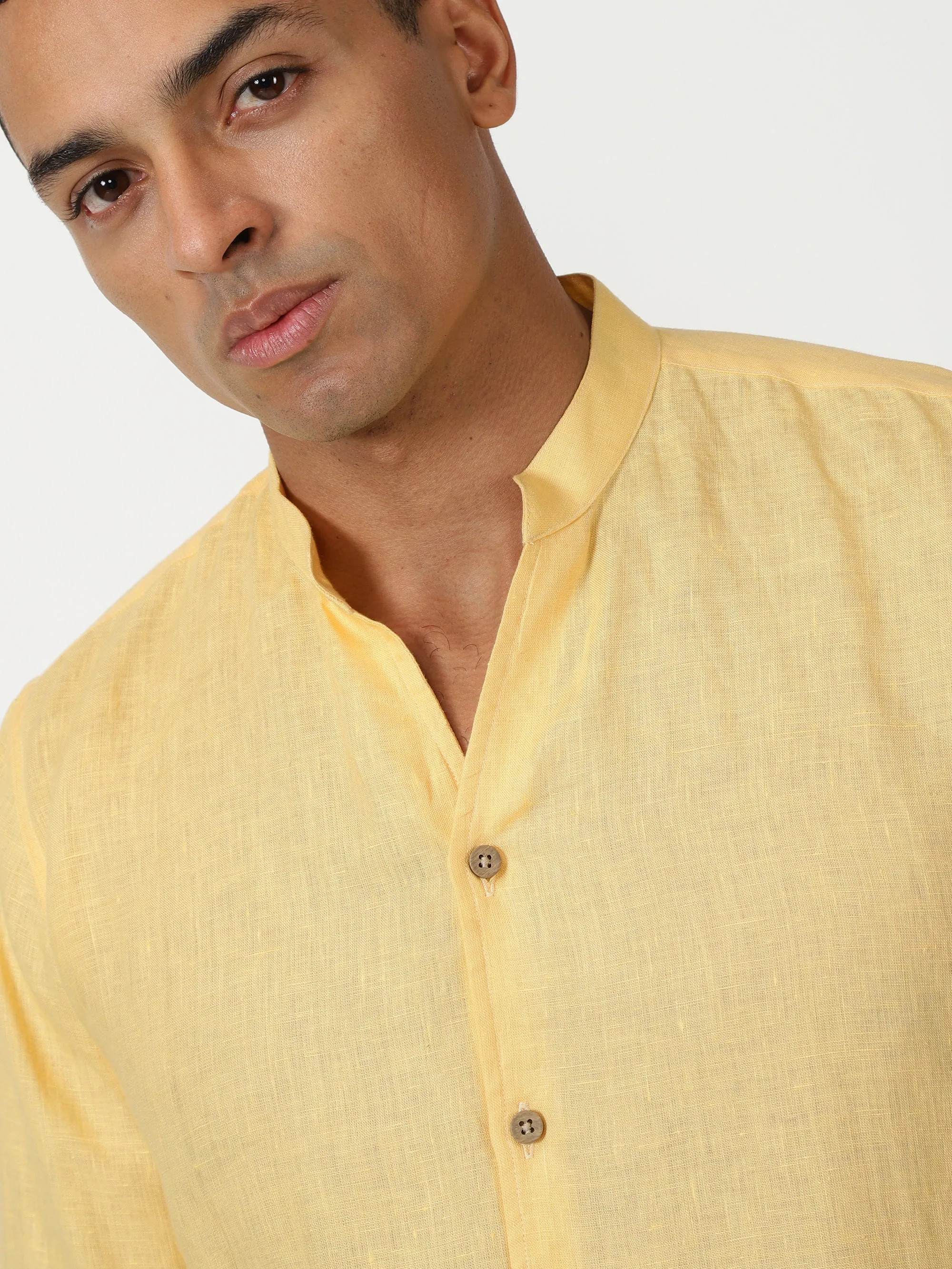 Craig - Pure Linen V Neck Full Sleeve Shirt - Spectra Yellow