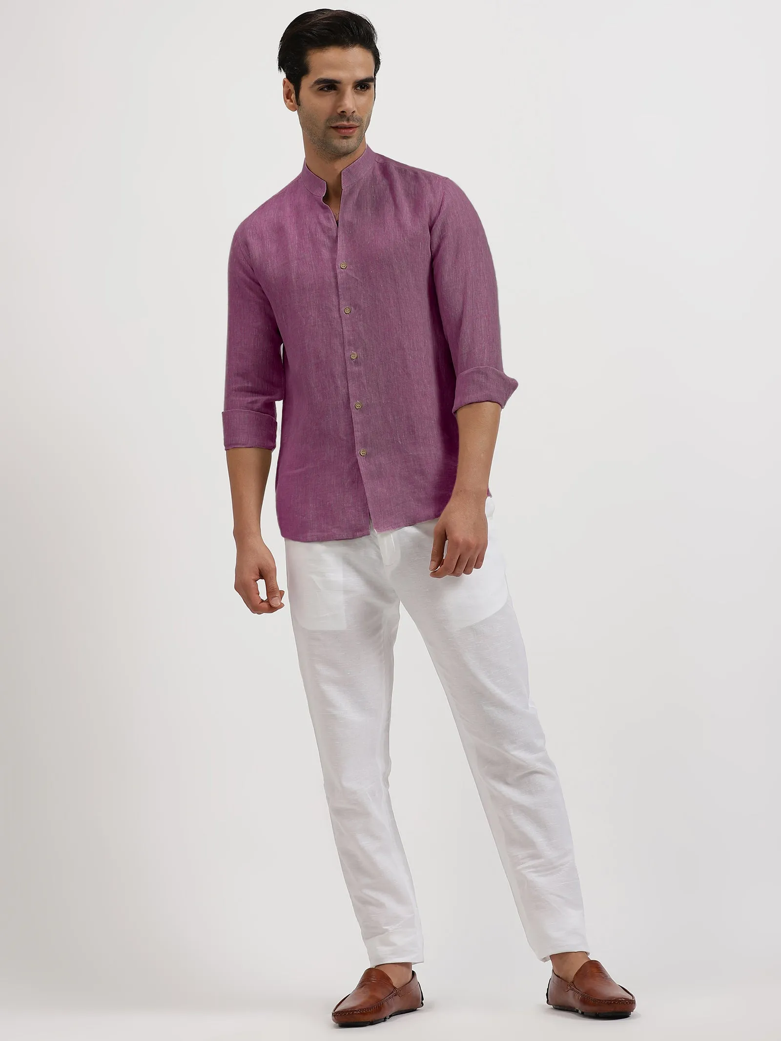 Craig - Pure Linen V Neck Full Sleeve Shirt - Twilight Purple