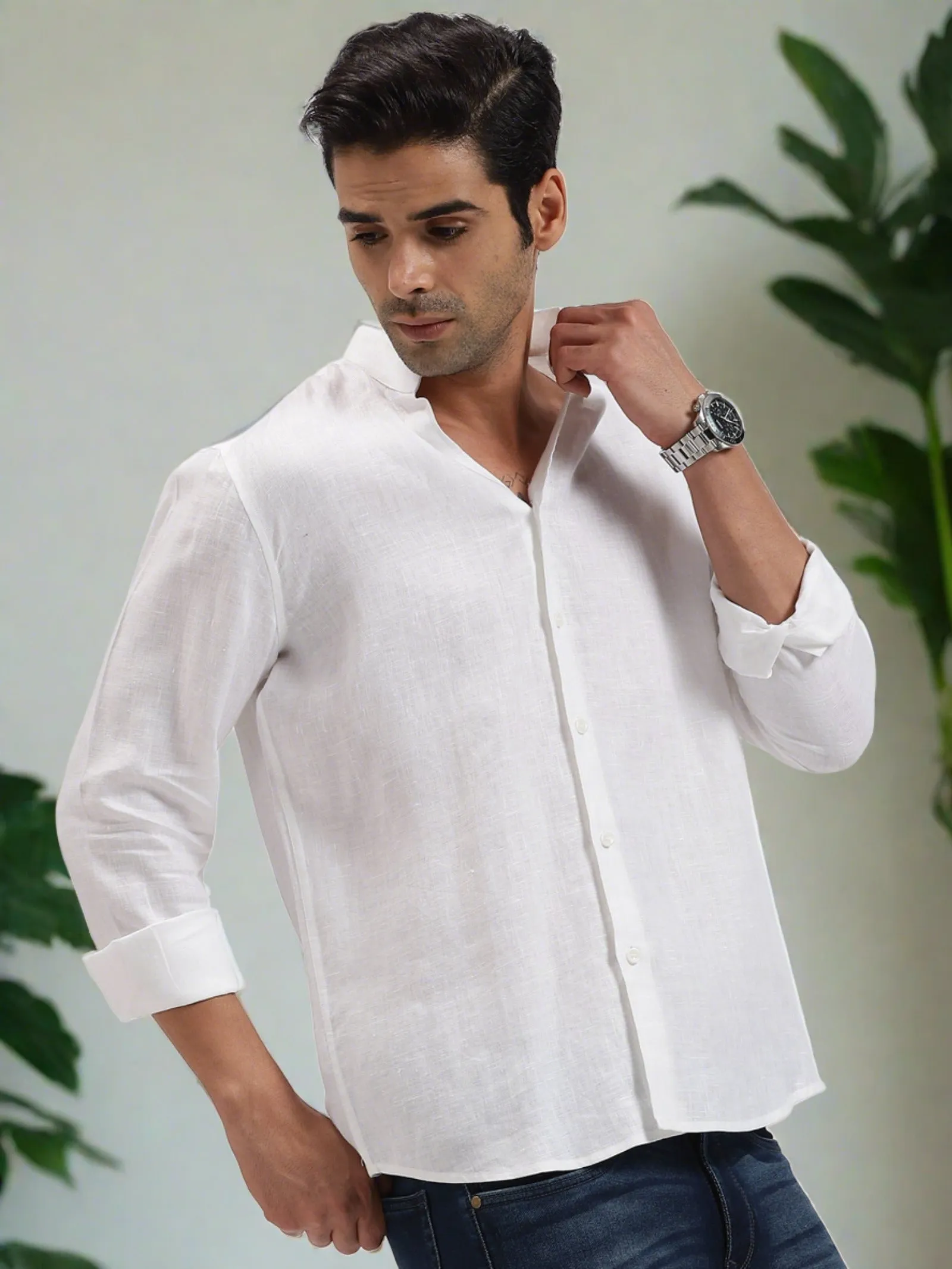 Craig - Pure Linen V Neck Full Sleeve Shirt - White