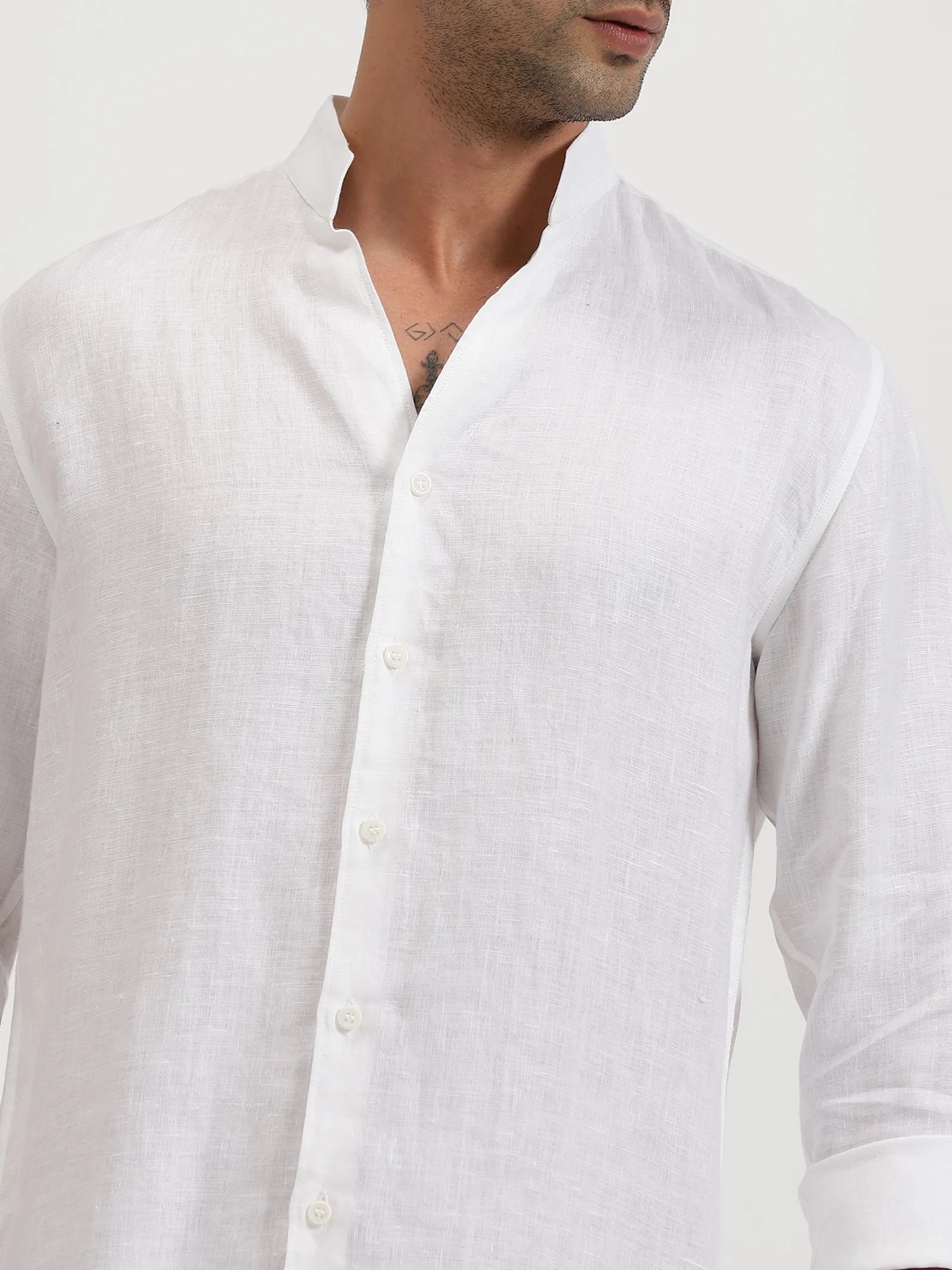 Craig - Pure Linen V Neck Full Sleeve Shirt - White