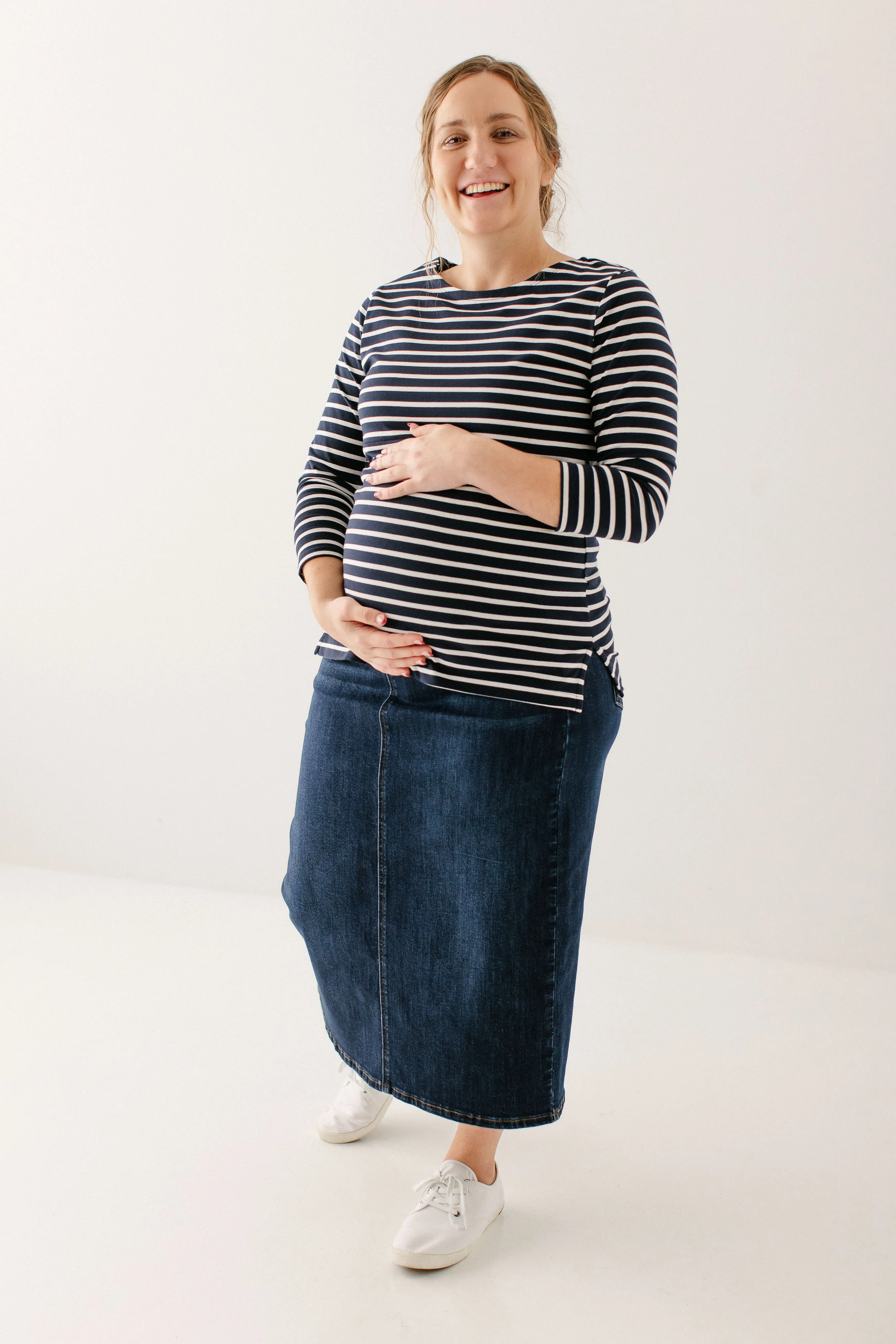 'Denise' Hidden Zipper Stripe Nursing Top in Navy FINAL SALE