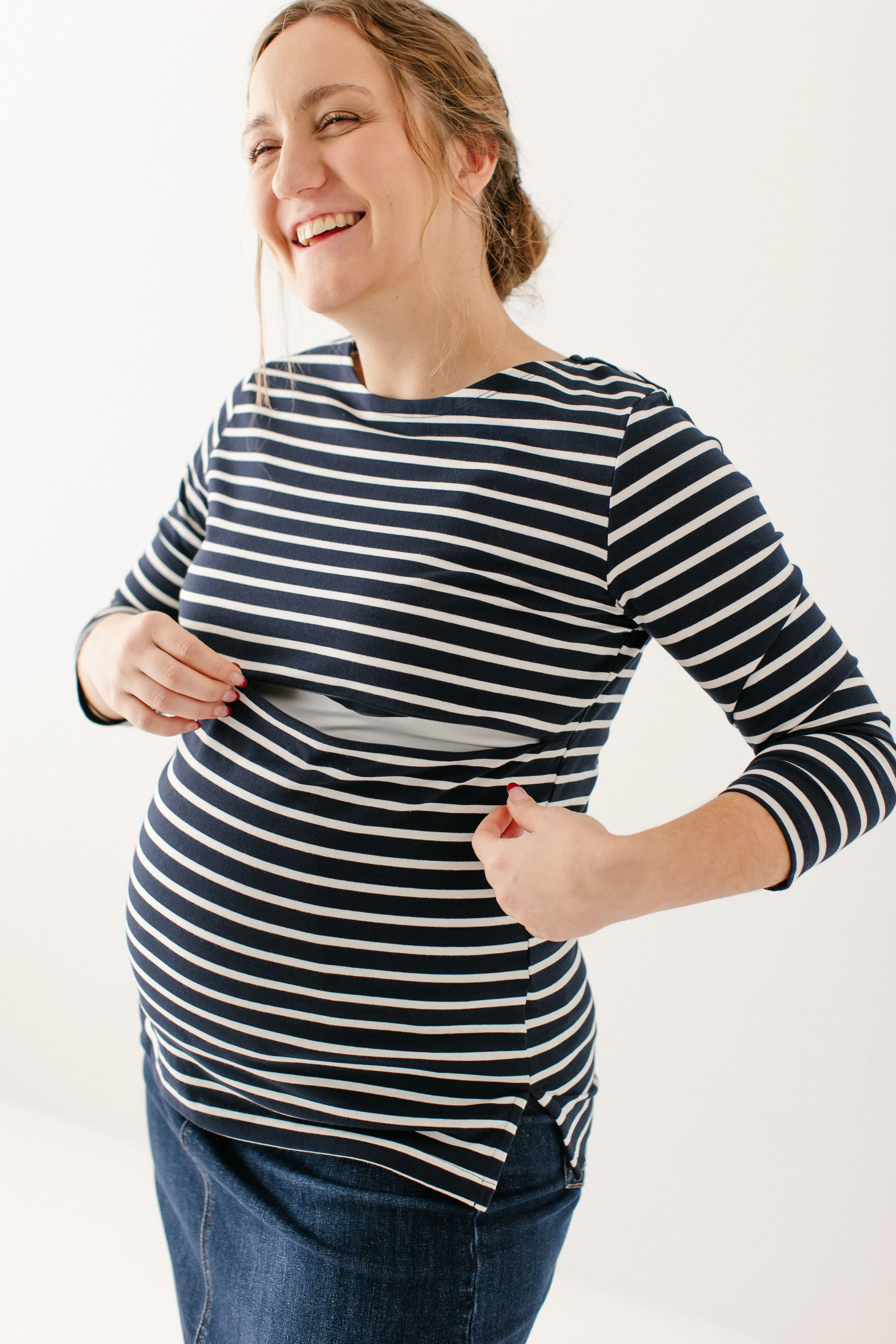 'Denise' Hidden Zipper Stripe Nursing Top in Navy FINAL SALE