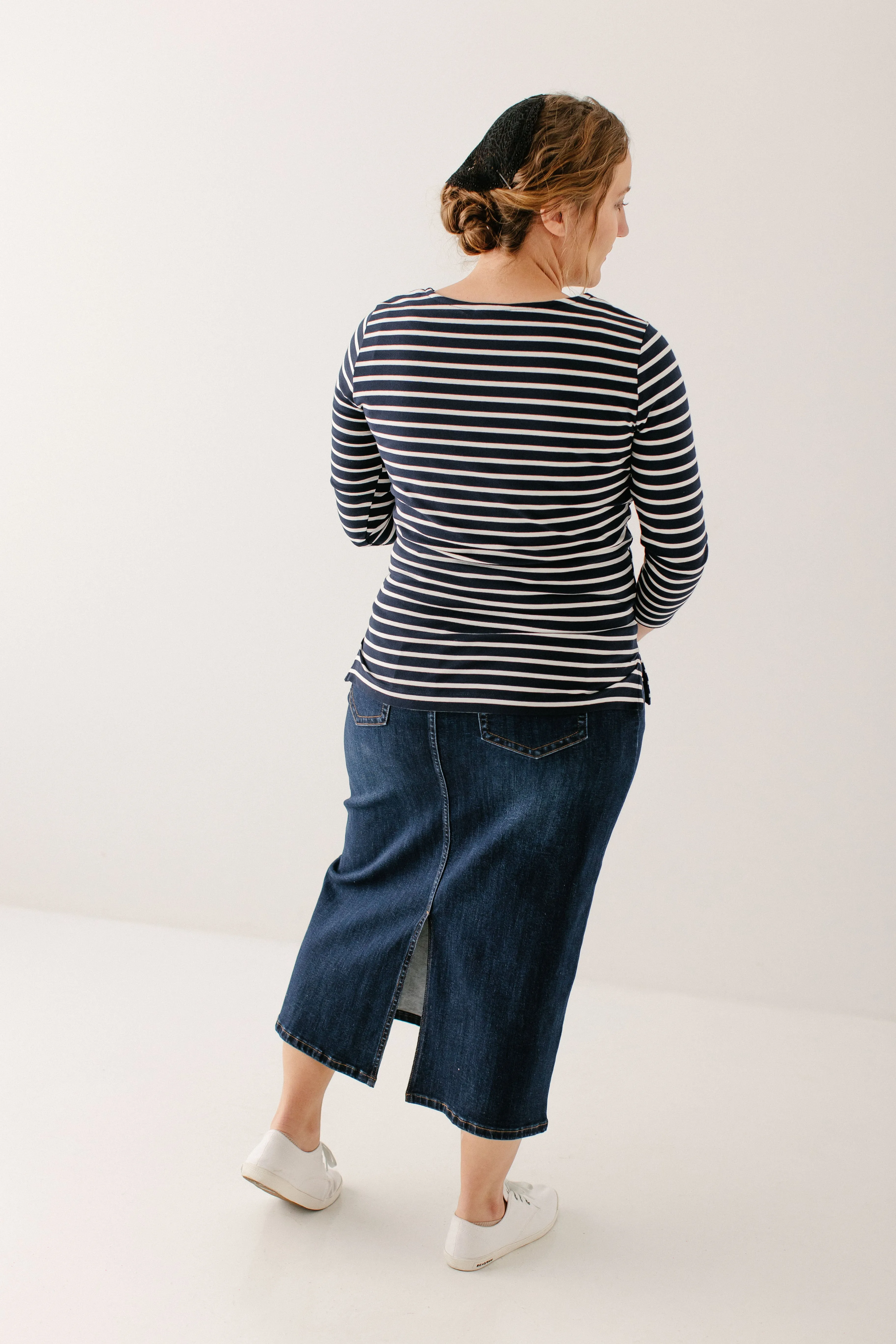 'Denise' Hidden Zipper Stripe Nursing Top in Navy FINAL SALE