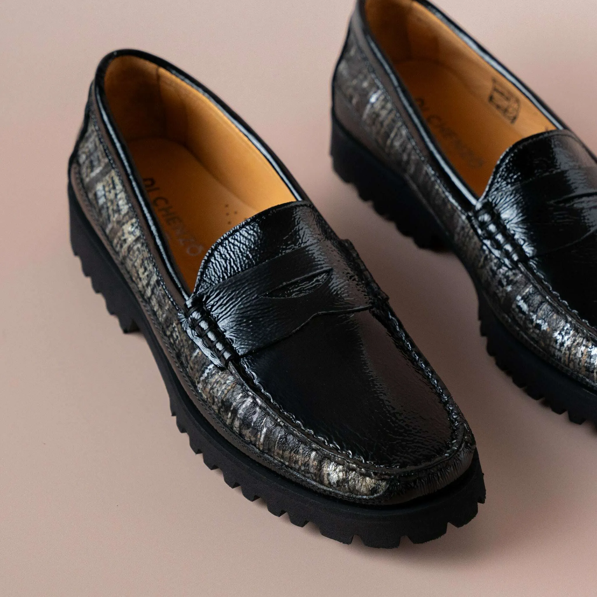 Di Chenzo - 8451 Black Patent Loafer with Black Combo Print