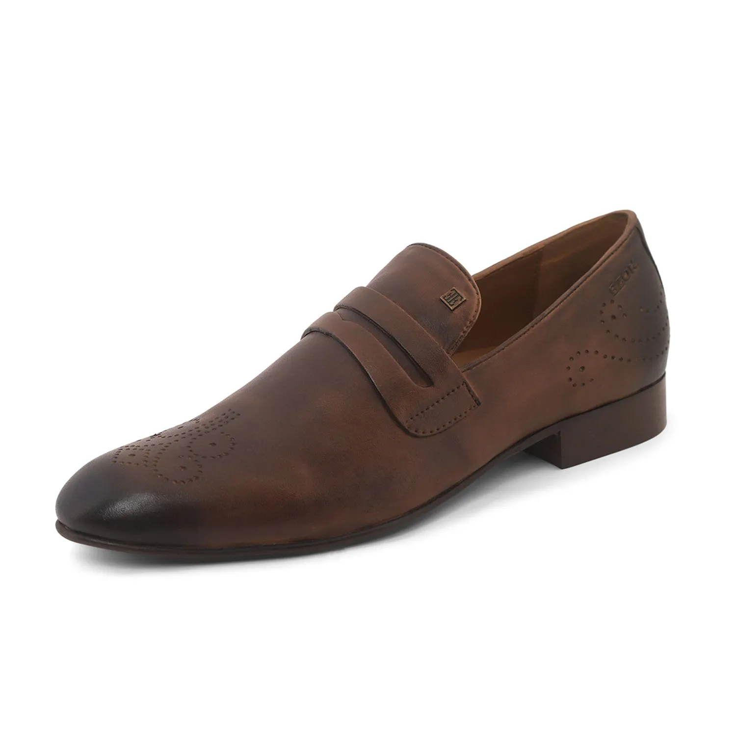 Ezok Men Brown Slip-On Formal Penny Loafers With Perforated Toe Shoes