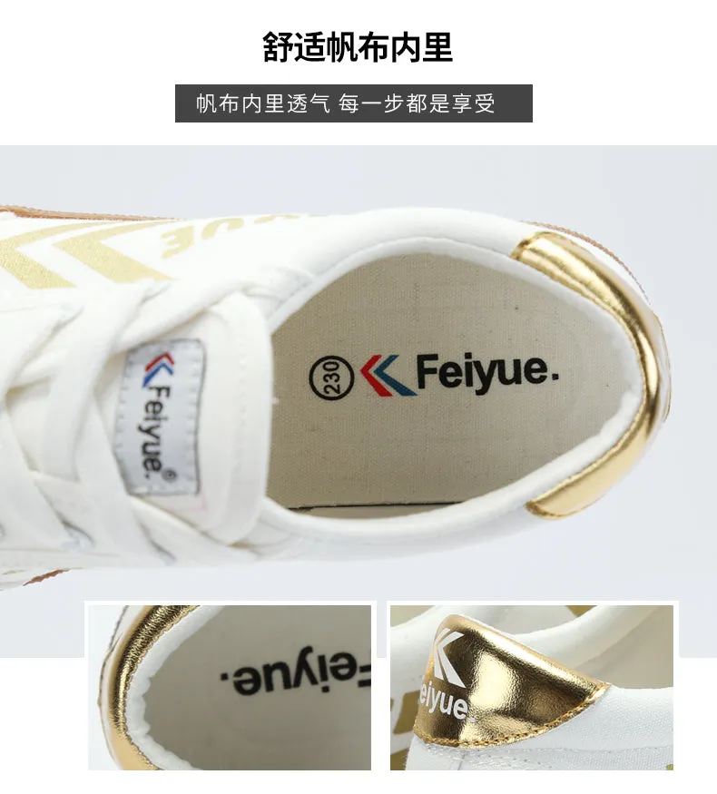 FEIYUE third edition sneakers canvas shoes board shoes trend white shoes 8182 Size 34-39 Female Youth Adult 2 Colors Sole-Pink / Brown-Gold