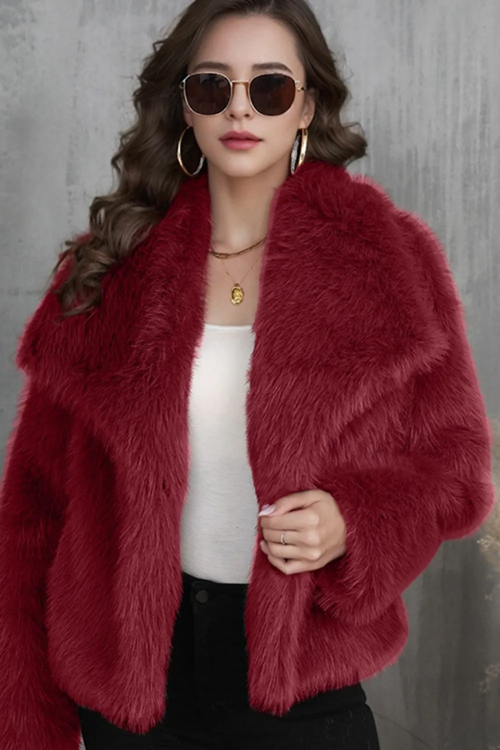 Fluffy Black Turn Lapel Faux Fur Winter Coat