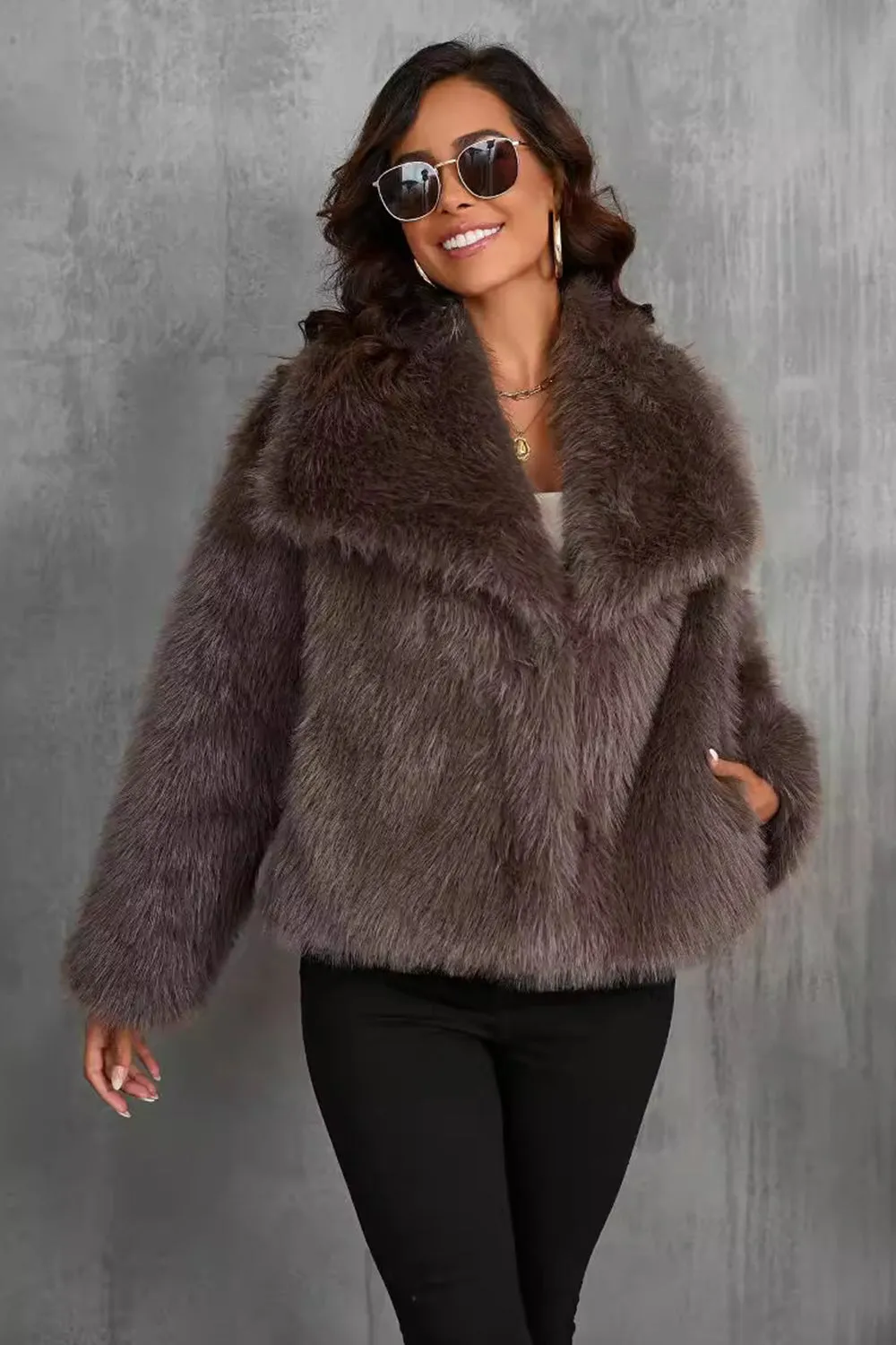 Fluffy Black Turn Lapel Faux Fur Winter Coat