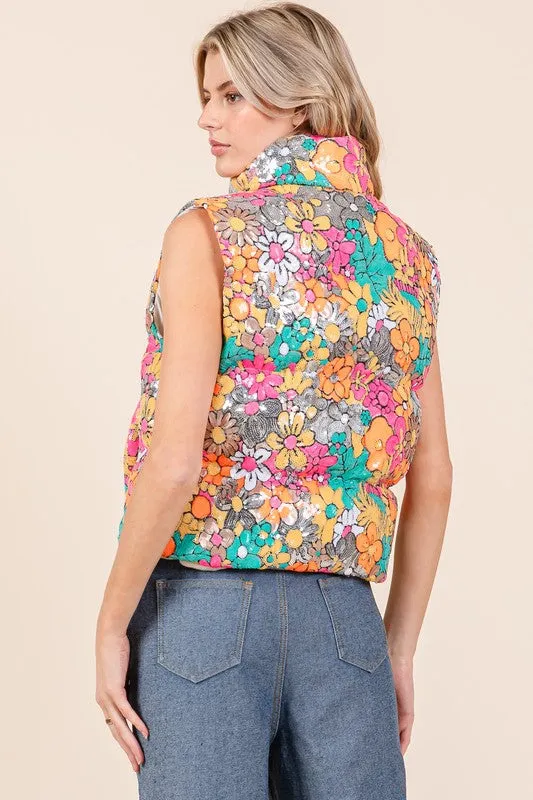 GEE102 - FLORAL SEQUIN PUFFER VEST