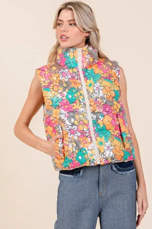 GEE102 - FLORAL SEQUIN PUFFER VEST