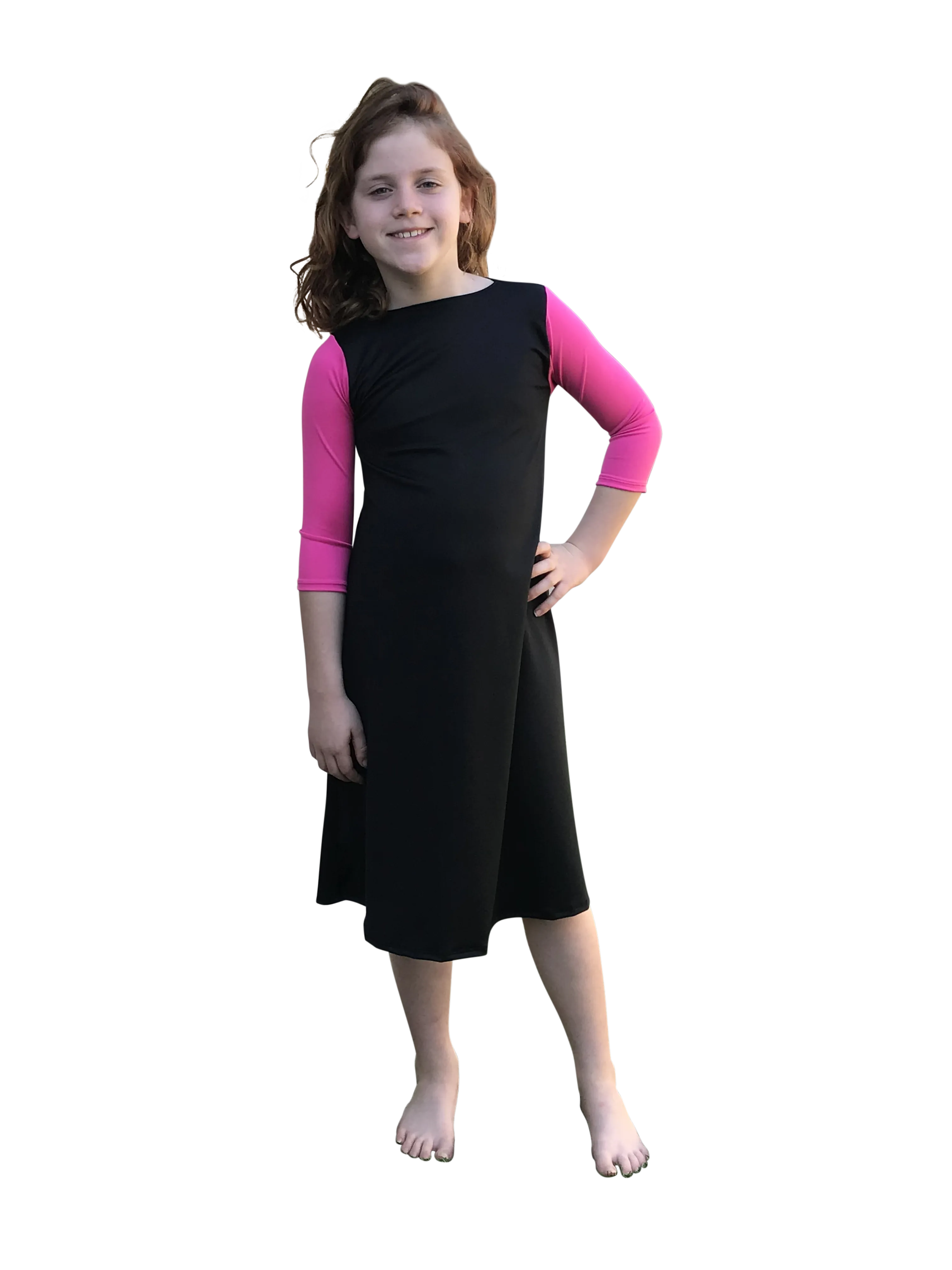 Girls Modest Swim Dress (Black with Pink)