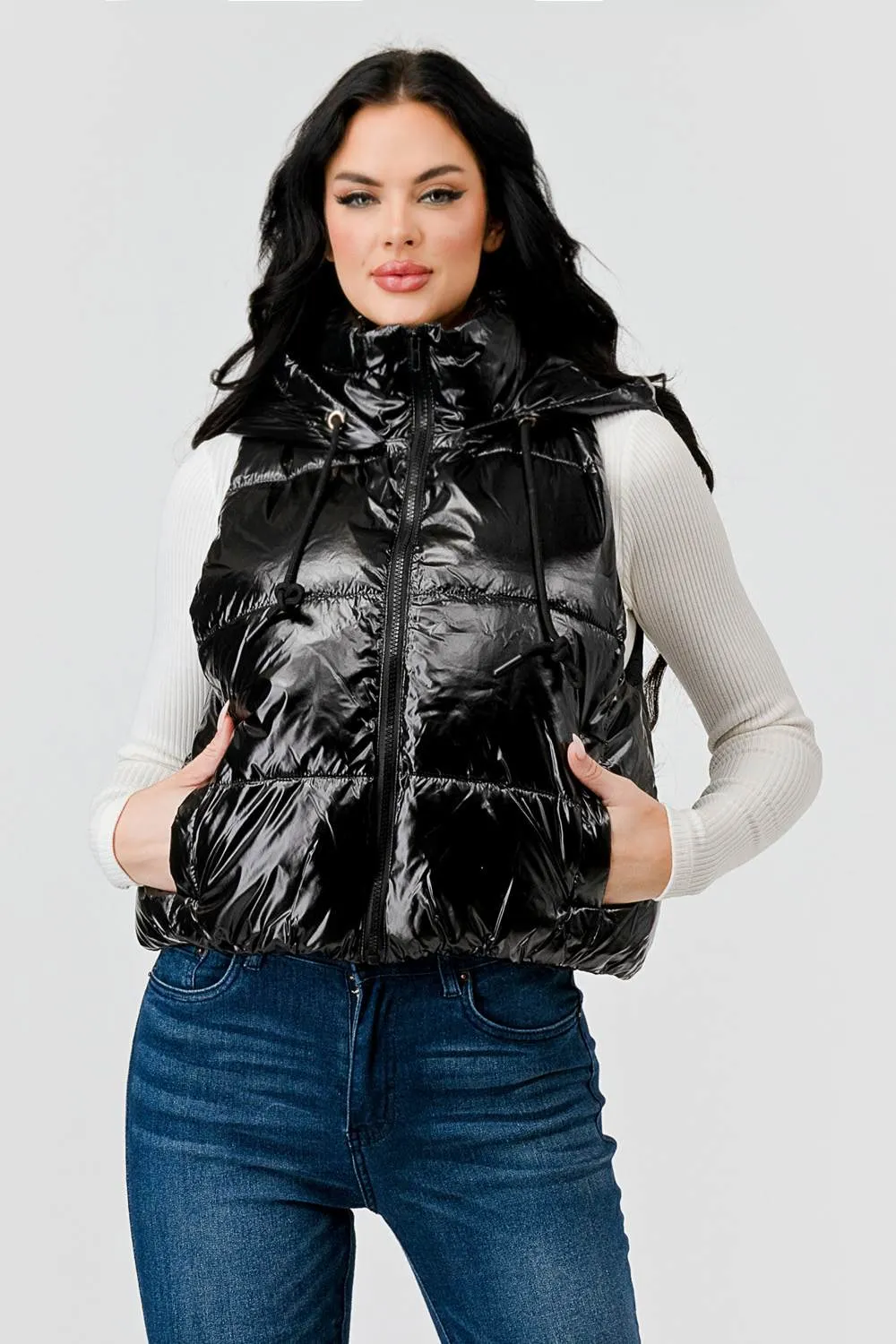 GLOSSY WINDBREAKER PUFFER VEST WITH HOODIE