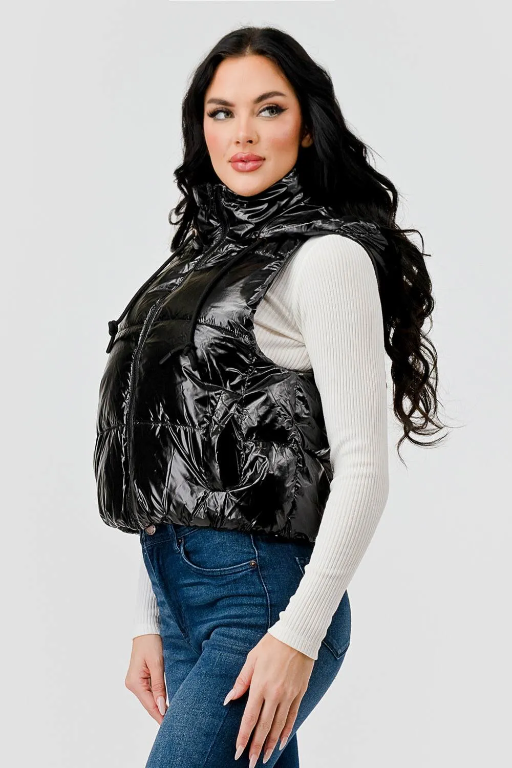 GLOSSY WINDBREAKER PUFFER VEST WITH HOODIE