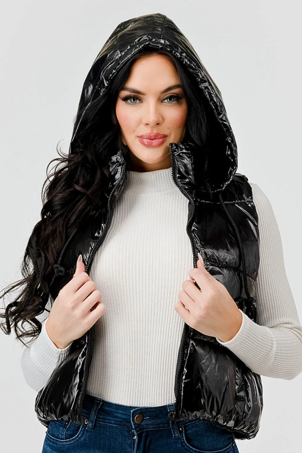 GLOSSY WINDBREAKER PUFFER VEST WITH HOODIE