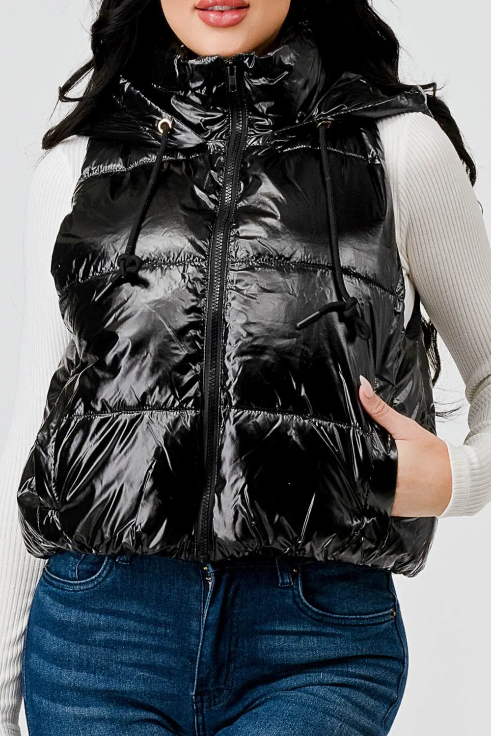 GLOSSY WINDBREAKER PUFFER VEST WITH HOODIE