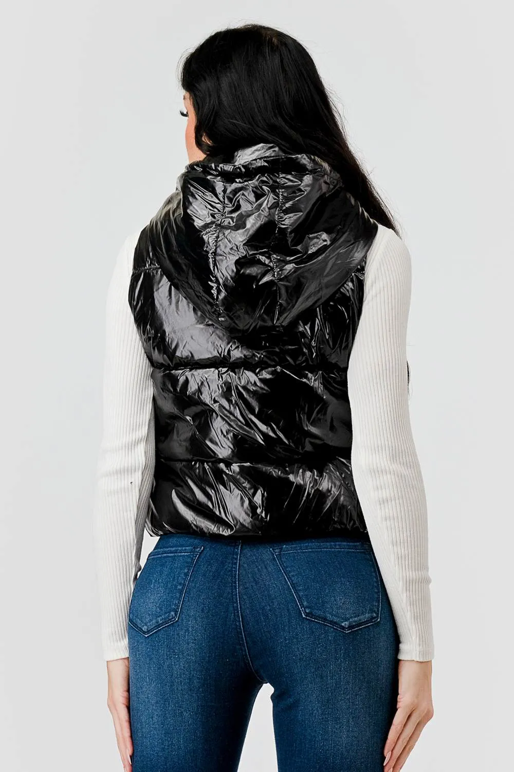 GLOSSY WINDBREAKER PUFFER VEST WITH HOODIE